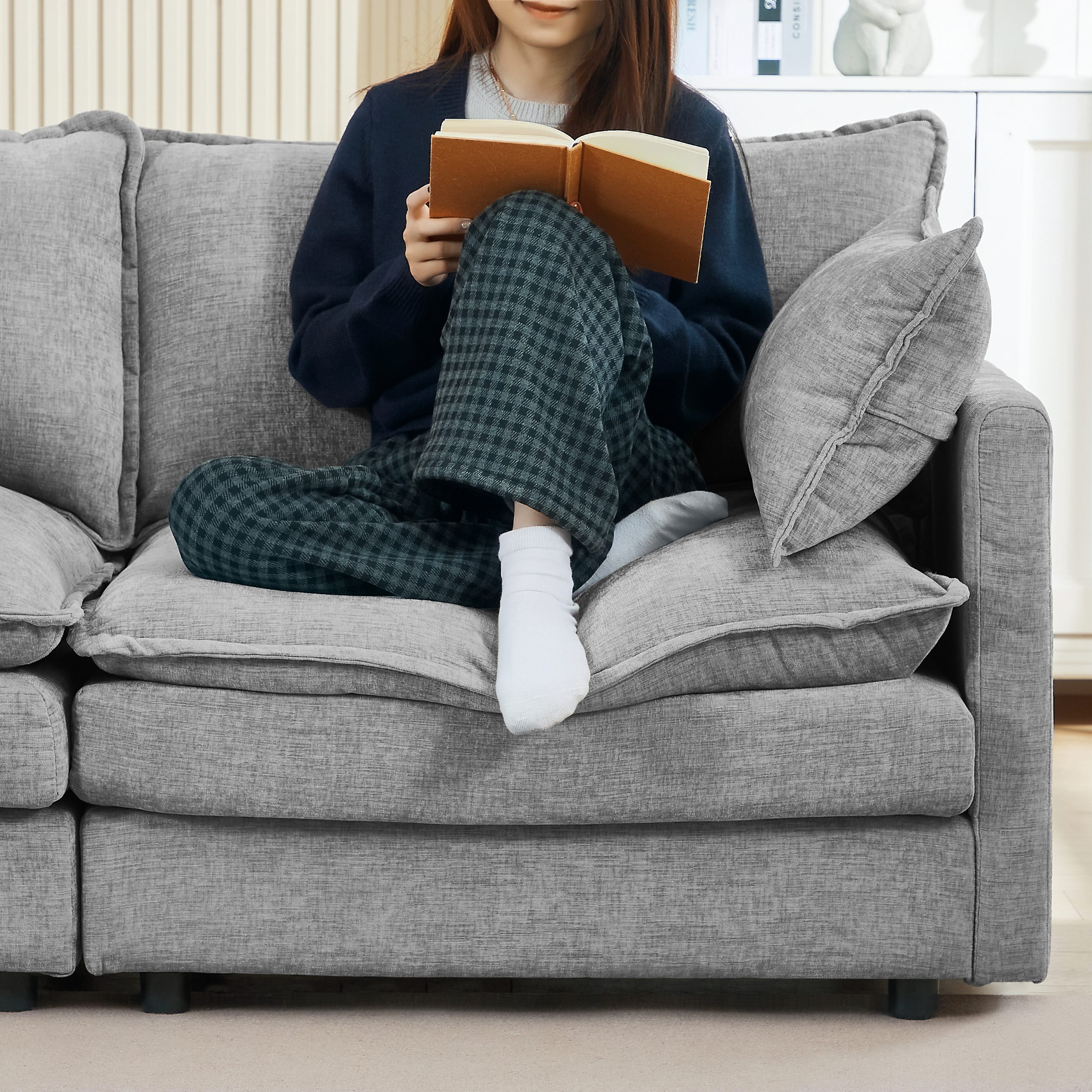 Modular Sectional Sofa, 102 Inch L Shaped Couch Set for Living Room, 3-Seater Comfy Cloud Couches with Movable Ottoman, DIY Combination, Chenille, Grey - Image 6