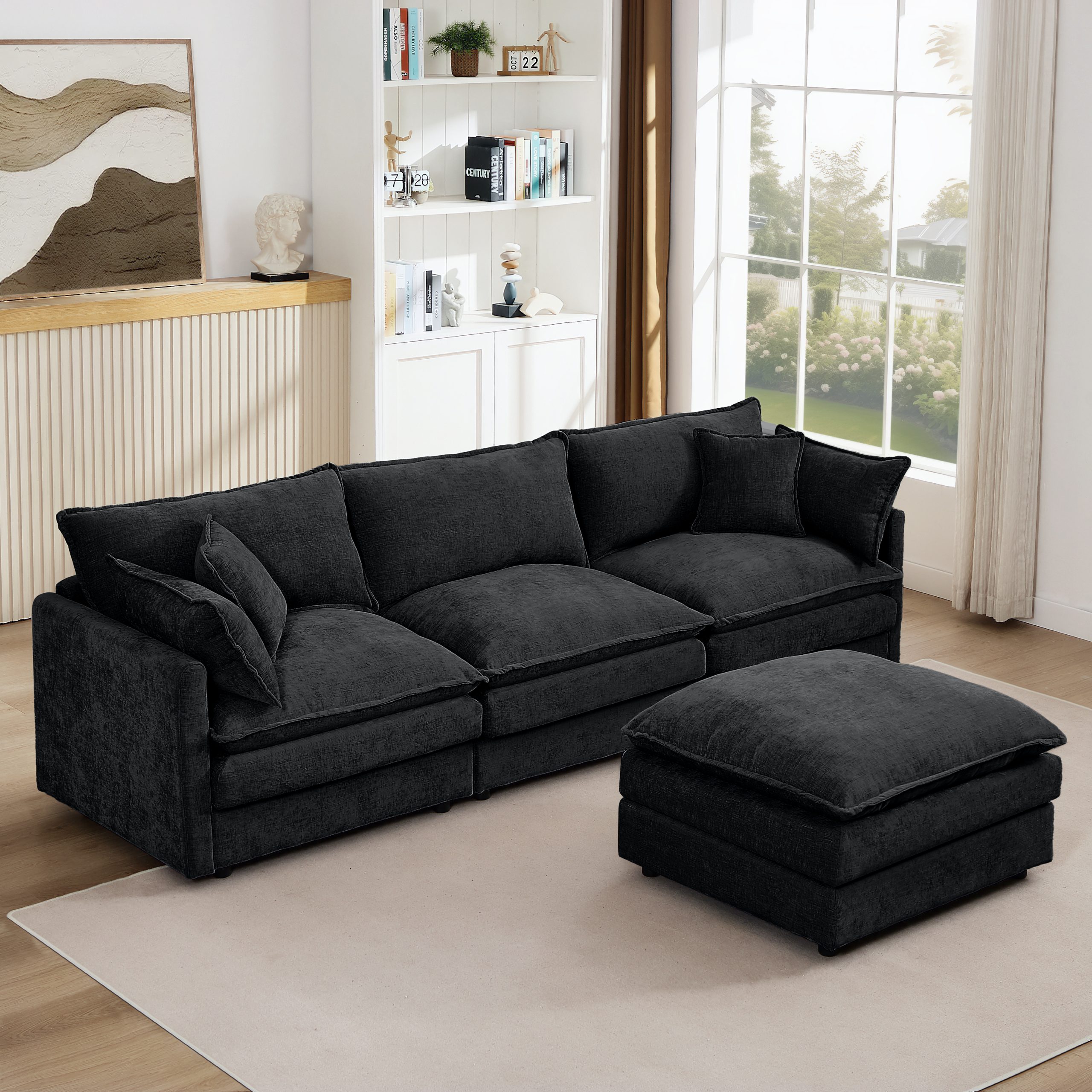 Modular Sectional Sofa, 102 Inch L Shaped Couch Set for Living Room, 3-Seater Comfy Cloud Couches with Movable Ottoman, DIY Combination, Chenille, Black - Image 2