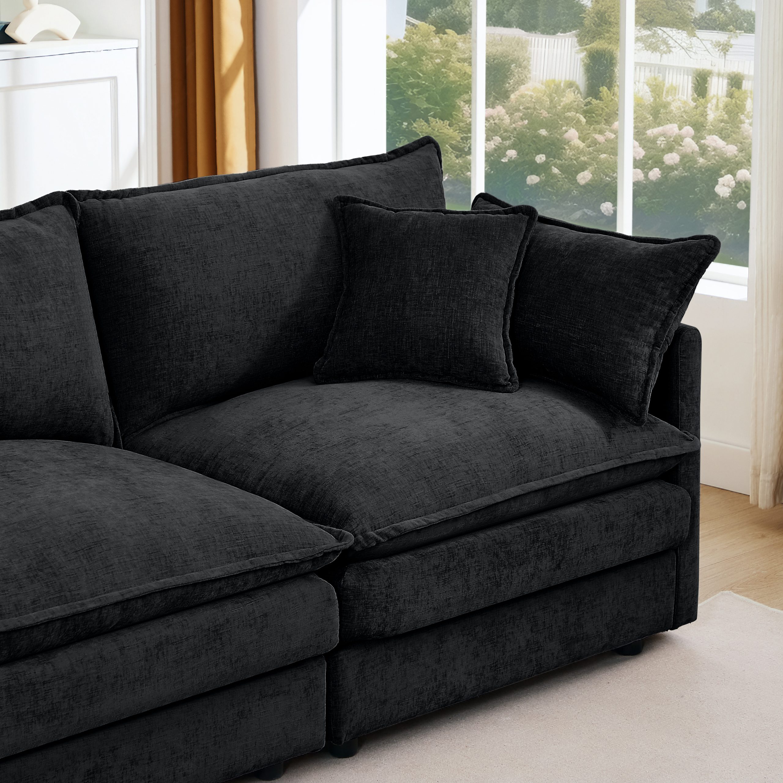 Modular Sectional Sofa, 102 Inch L Shaped Couch Set for Living Room, 3-Seater Comfy Cloud Couches with Movable Ottoman, DIY Combination, Chenille, Black - Image 4