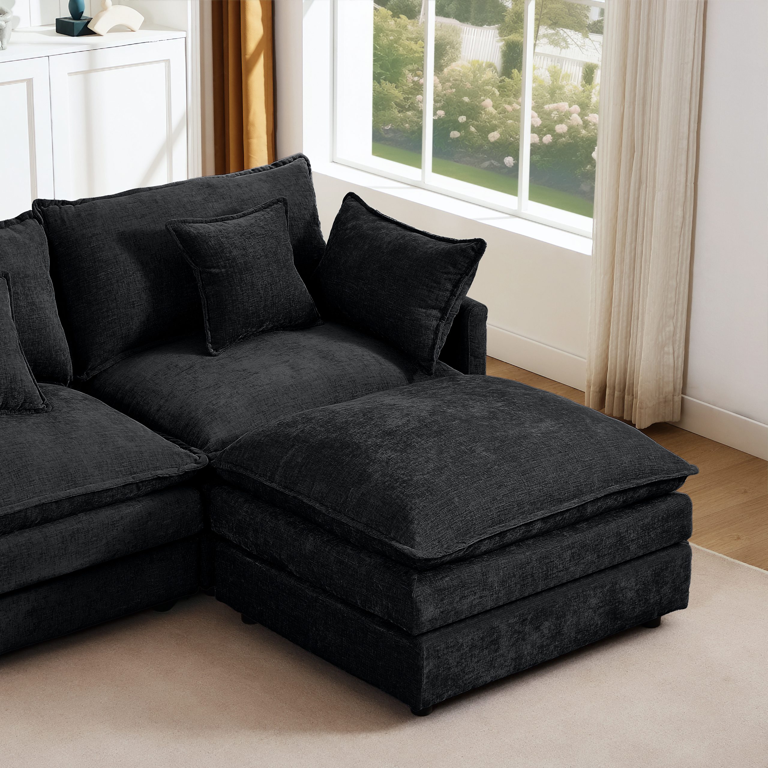 Modular Sectional Sofa, 102 Inch L Shaped Couch Set for Living Room, 3-Seater Comfy Cloud Couches with Movable Ottoman, DIY Combination, Chenille, Black - Image 5