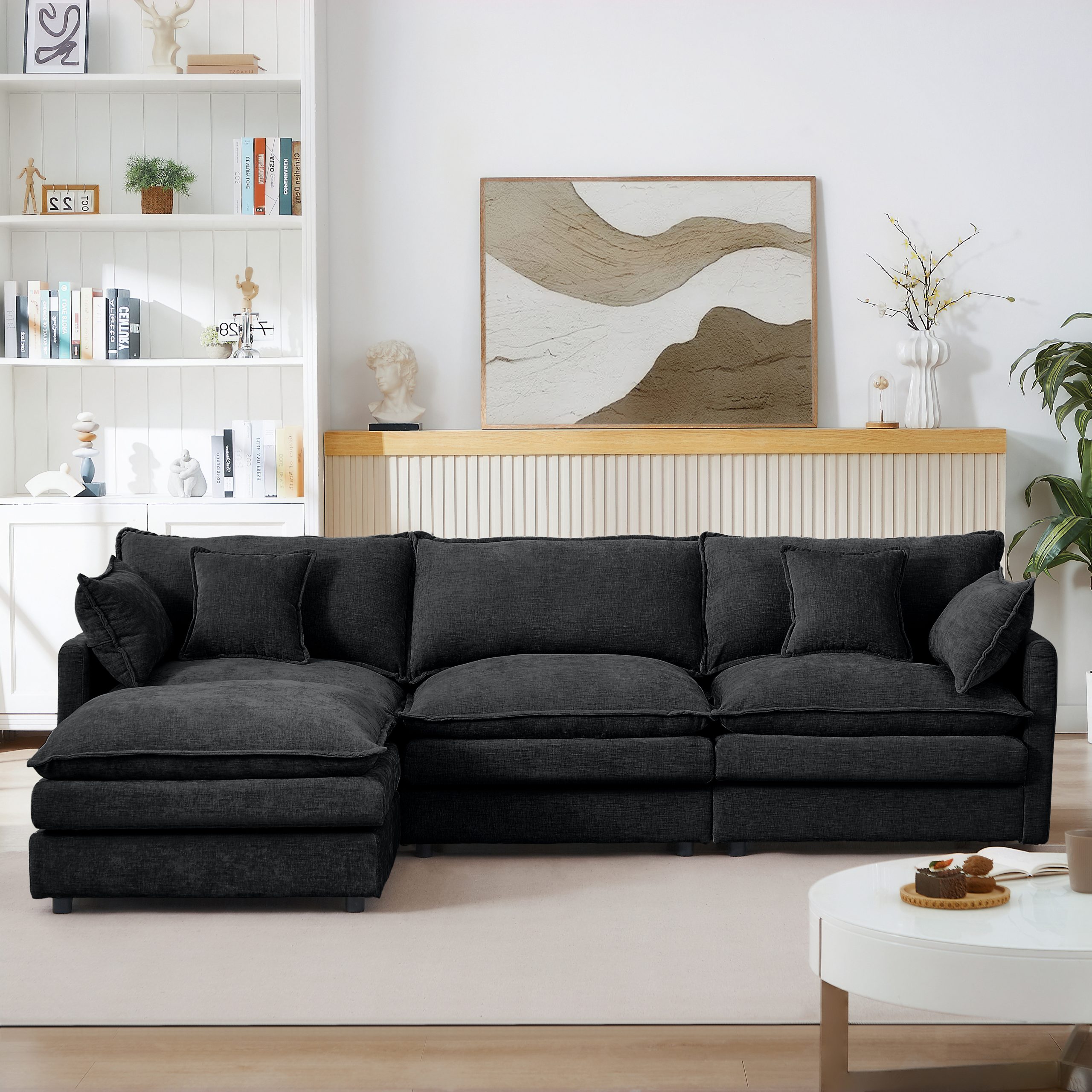 Modular Sectional Sofa, 102 Inch L Shaped Couch Set for Living Room, 3-Seater Comfy Cloud Couches with Movable Ottoman, DIY Combination, Chenille, Black - Image 6