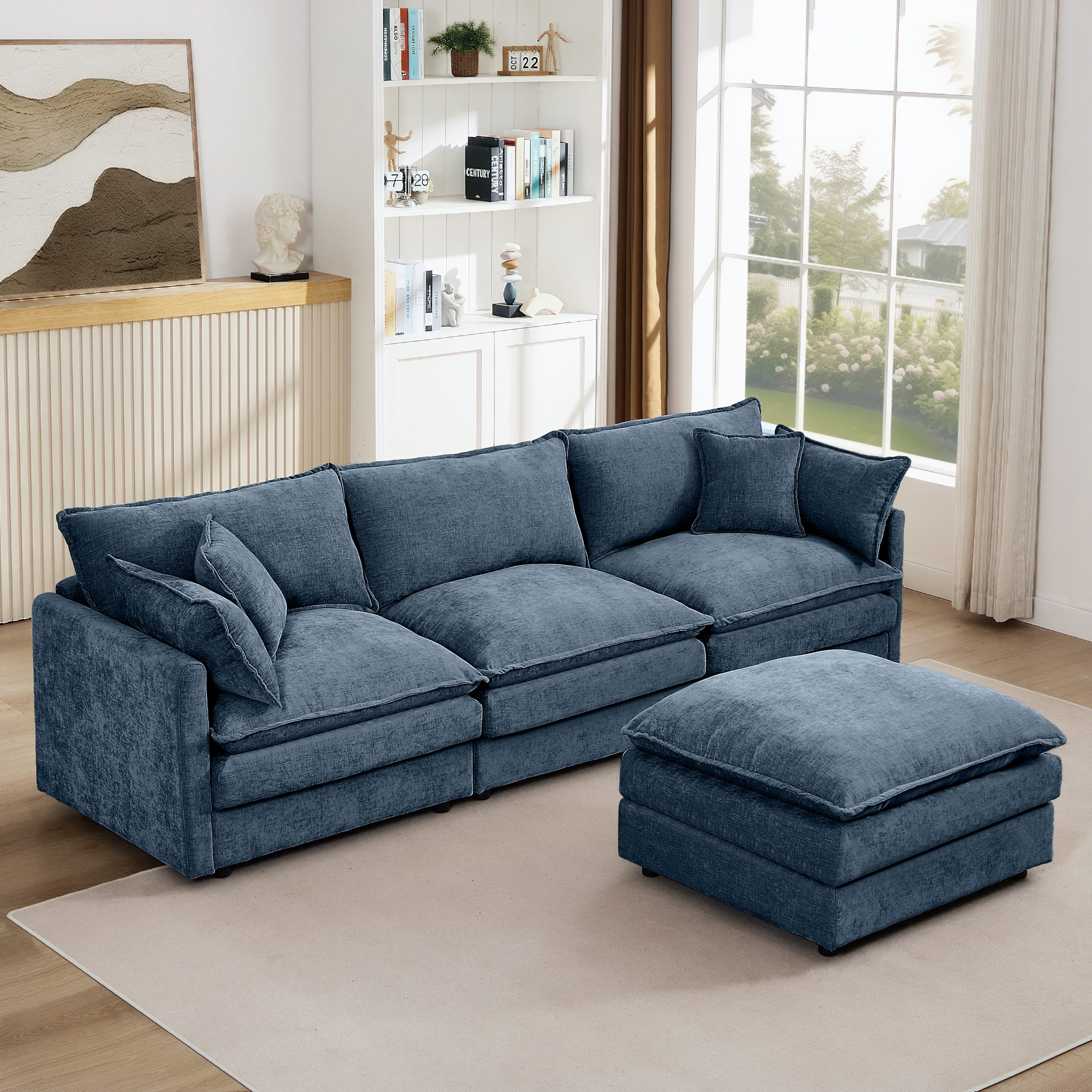 Modular Sectional Sofa, 102 Inch L Shaped Couch Set for Living Room, 3-Seater Comfy Cloud Couches with Movable Ottoman, DIY Combination, Chenille, Blue - Image 2