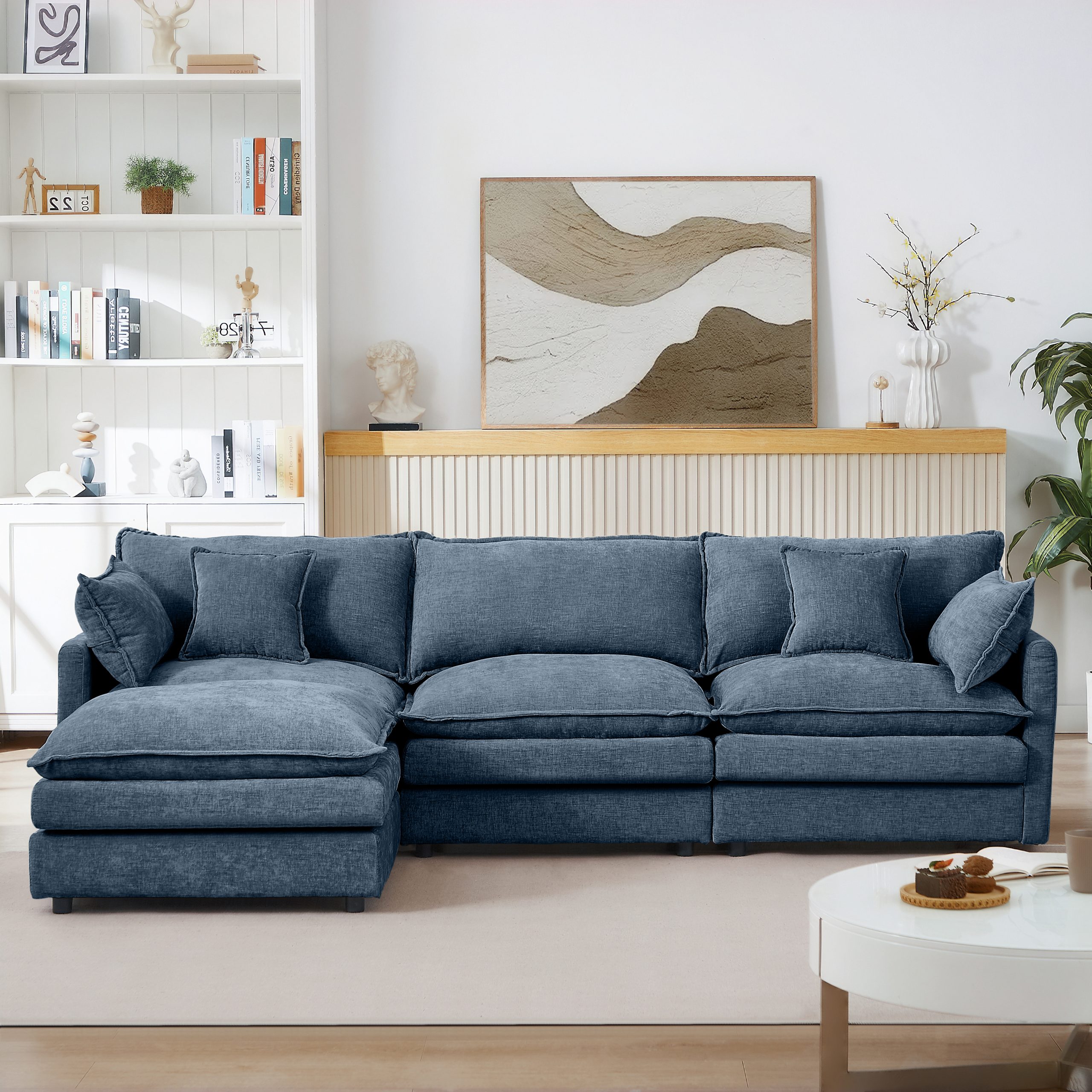 Modular Sectional Sofa, 102 Inch L Shaped Couch Set for Living Room, 3-Seater Comfy Cloud Couches with Movable Ottoman, DIY Combination, Chenille, Blue - Image 6