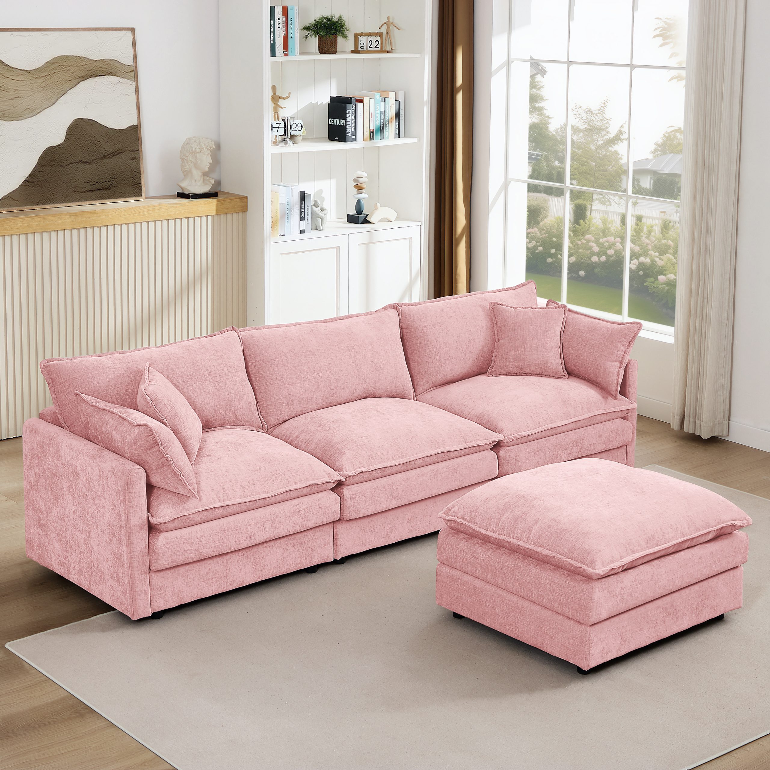 Modular Sectional Sofa, 102 Inch L Shaped Couch Set for Living Room, 3-Seater Comfy Cloud Couches with Movable Ottoman, DIY Combination, Chenille, Pink - Image 2