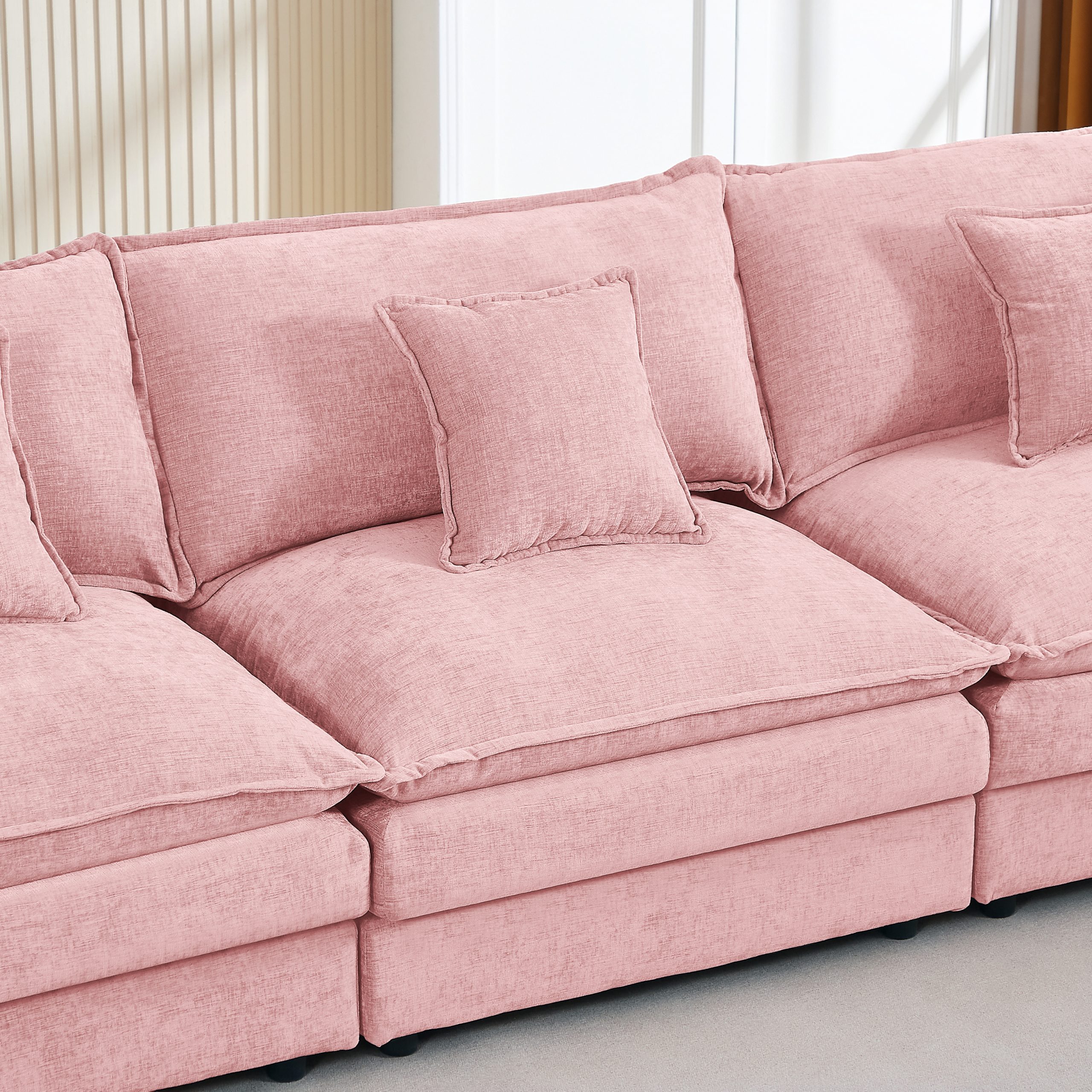 Modular Sectional Sofa, 102 Inch L Shaped Couch Set for Living Room, 3-Seater Comfy Cloud Couches with Movable Ottoman, DIY Combination, Chenille, Pink - Image 3