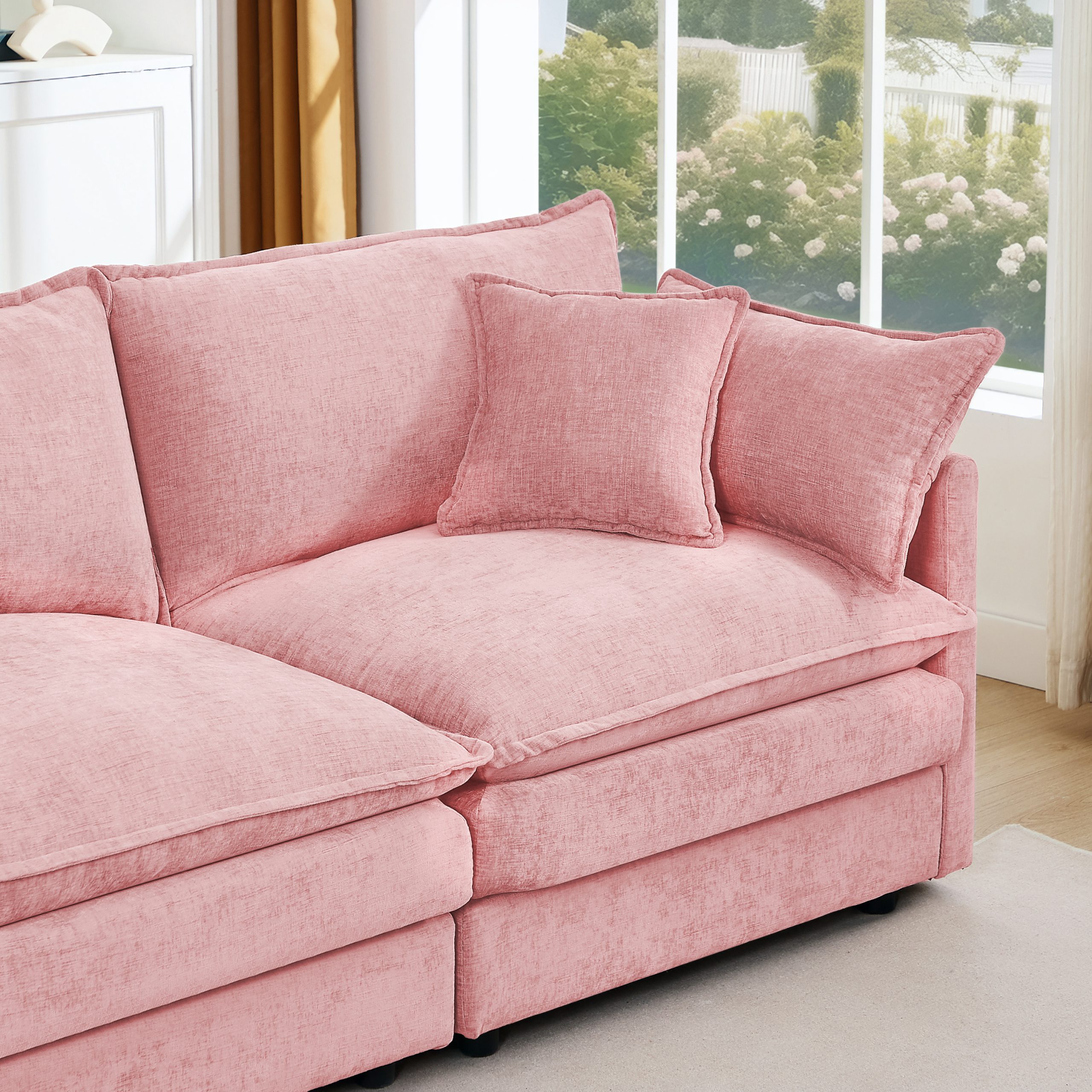 Modular Sectional Sofa, 102 Inch L Shaped Couch Set for Living Room, 3-Seater Comfy Cloud Couches with Movable Ottoman, DIY Combination, Chenille, Pink - Image 4