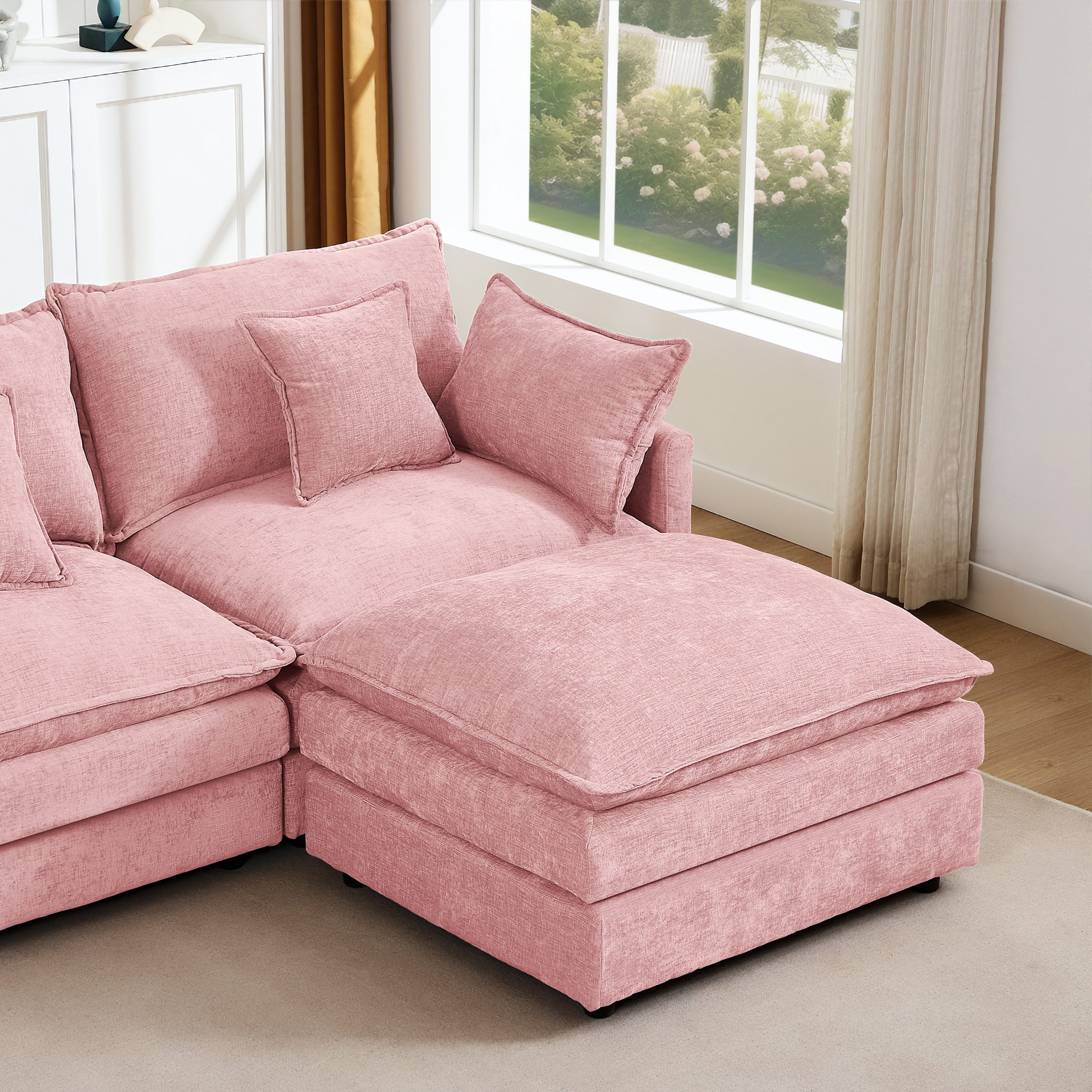 Modular Sectional Sofa, 102 Inch L Shaped Couch Set for Living Room, 3-Seater Comfy Cloud Couches with Movable Ottoman, DIY Combination, Chenille, Pink - Image 5