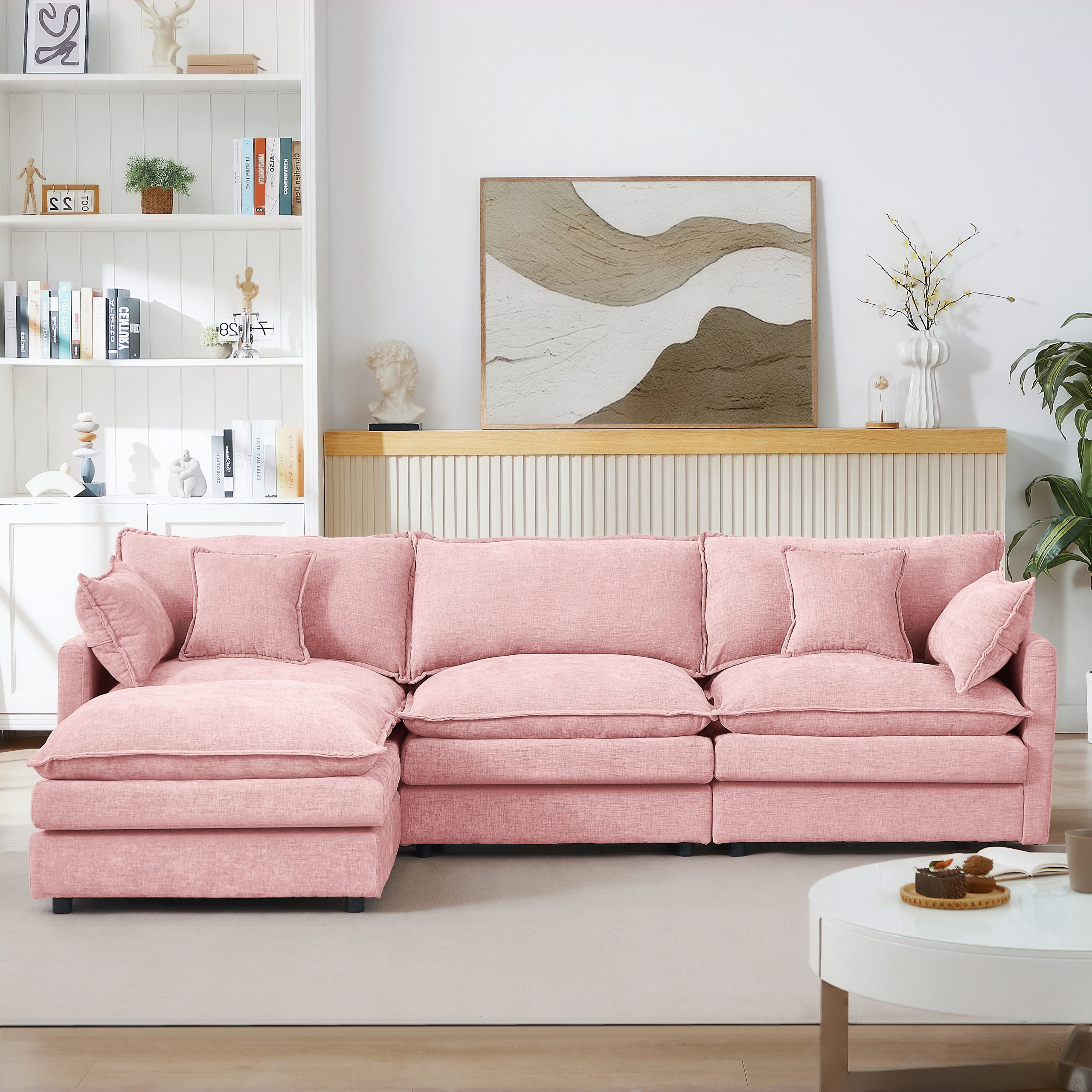 Modular Sectional Sofa, 102 Inch L Shaped Couch Set for Living Room, 3-Seater Comfy Cloud Couches with Movable Ottoman, DIY Combination, Chenille, Pink - Image 6