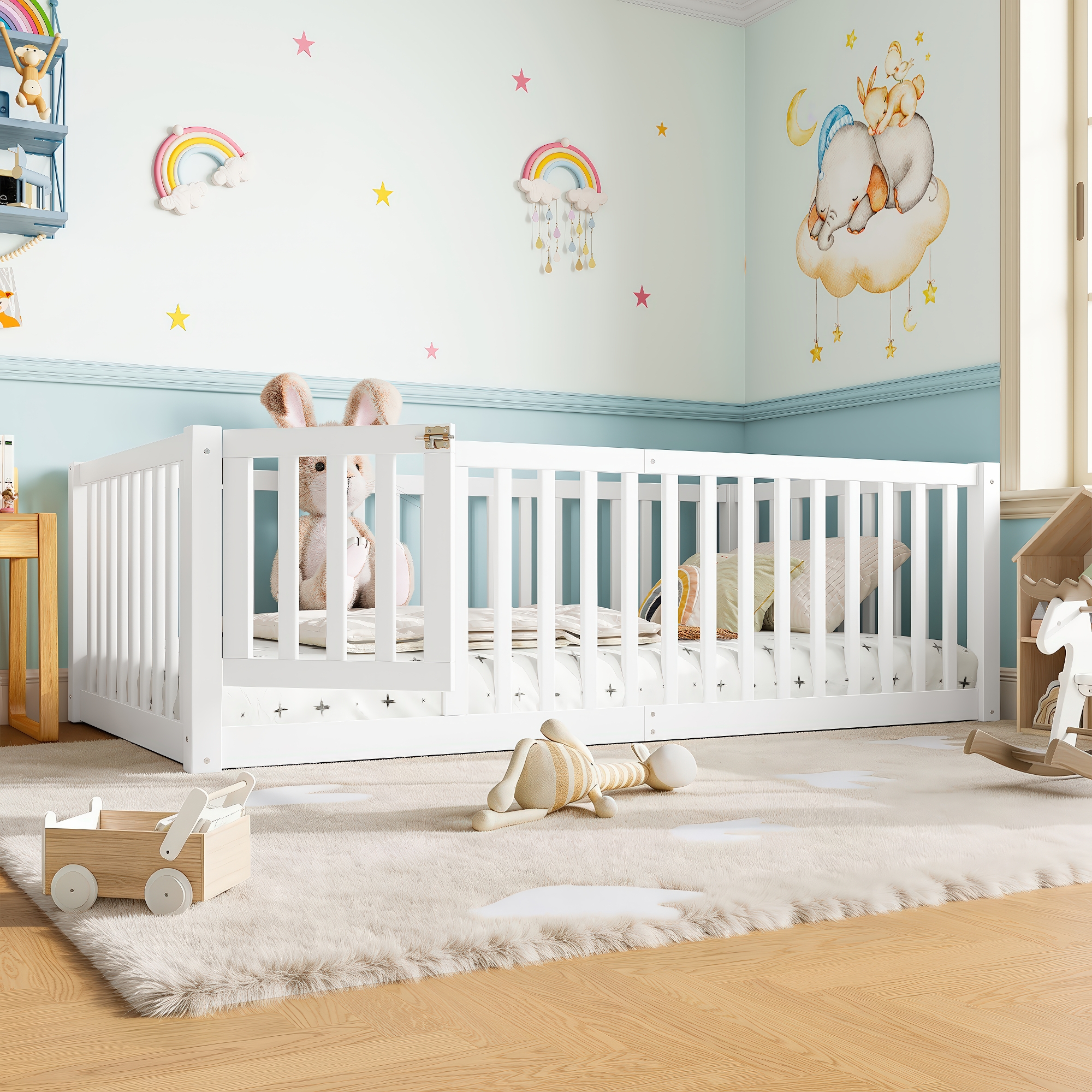 Twin Size Bed Floor Bed with Safety Guardrails and Door for Kids, White - Image 2