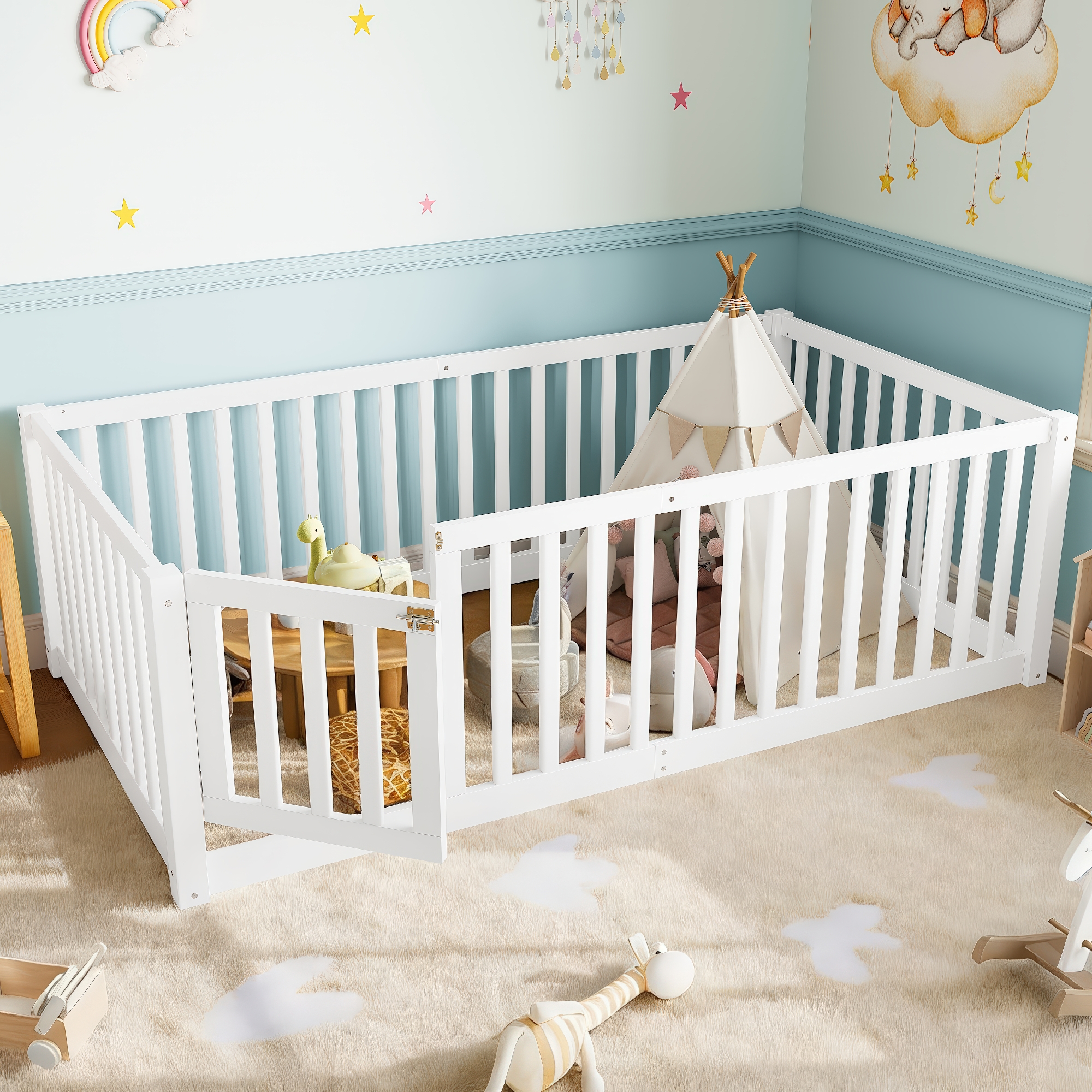 Twin Size Bed Floor Bed with Safety Guardrails and Door for Kids, White - Image 3