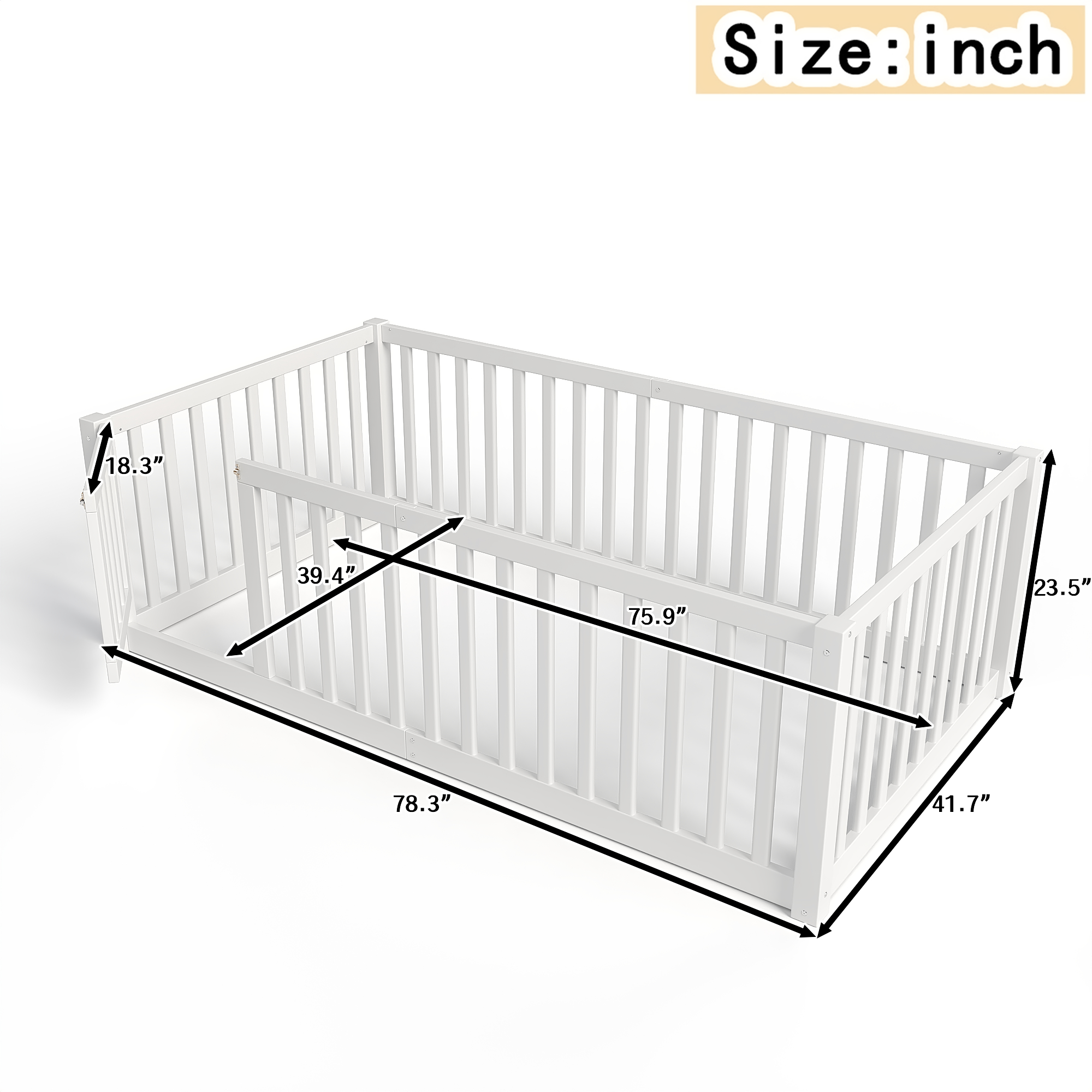 Twin Size Bed Floor Bed with Safety Guardrails and Door for Kids, White - Image 4