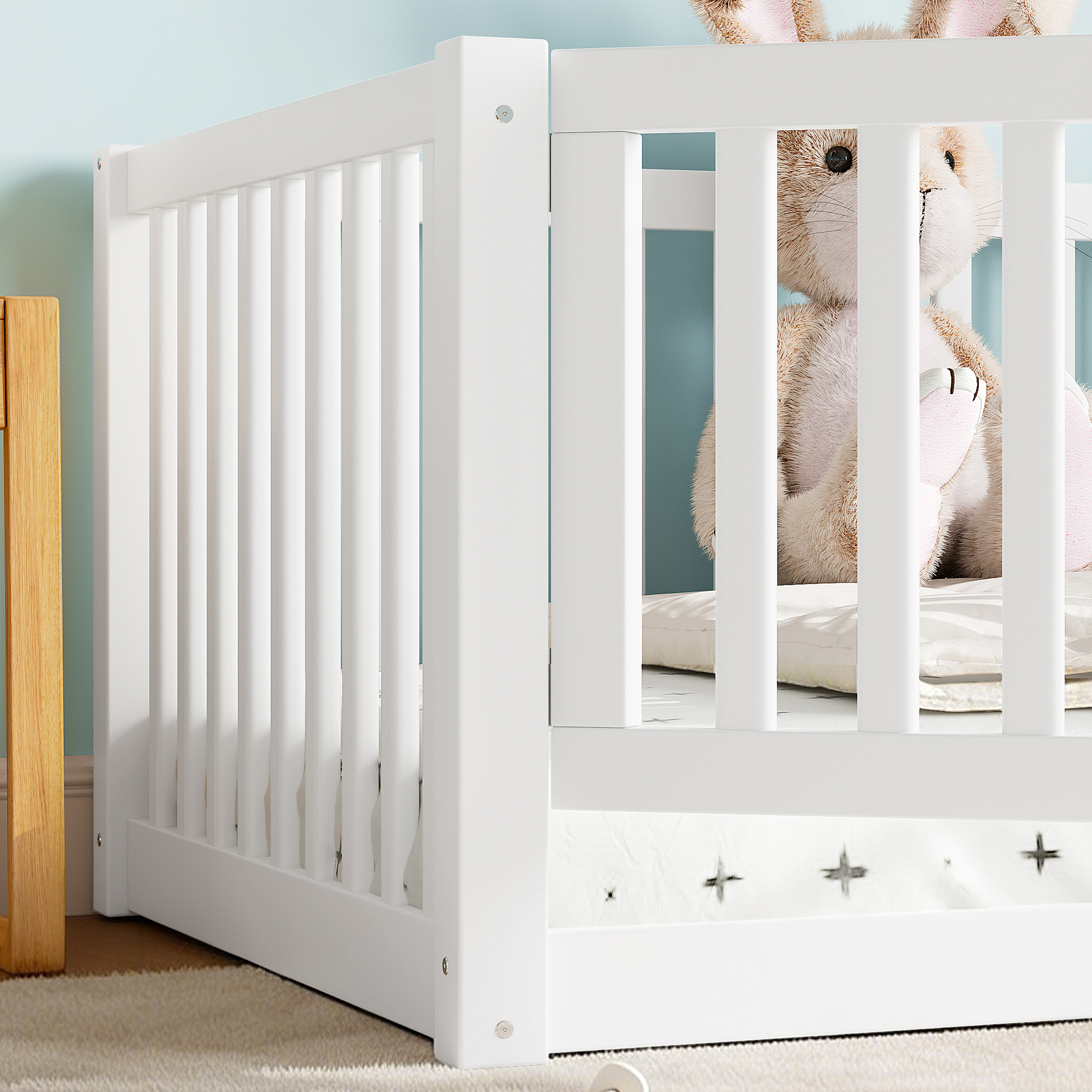 Twin Size Bed Floor Bed with Safety Guardrails and Door for Kids, White - Image 5