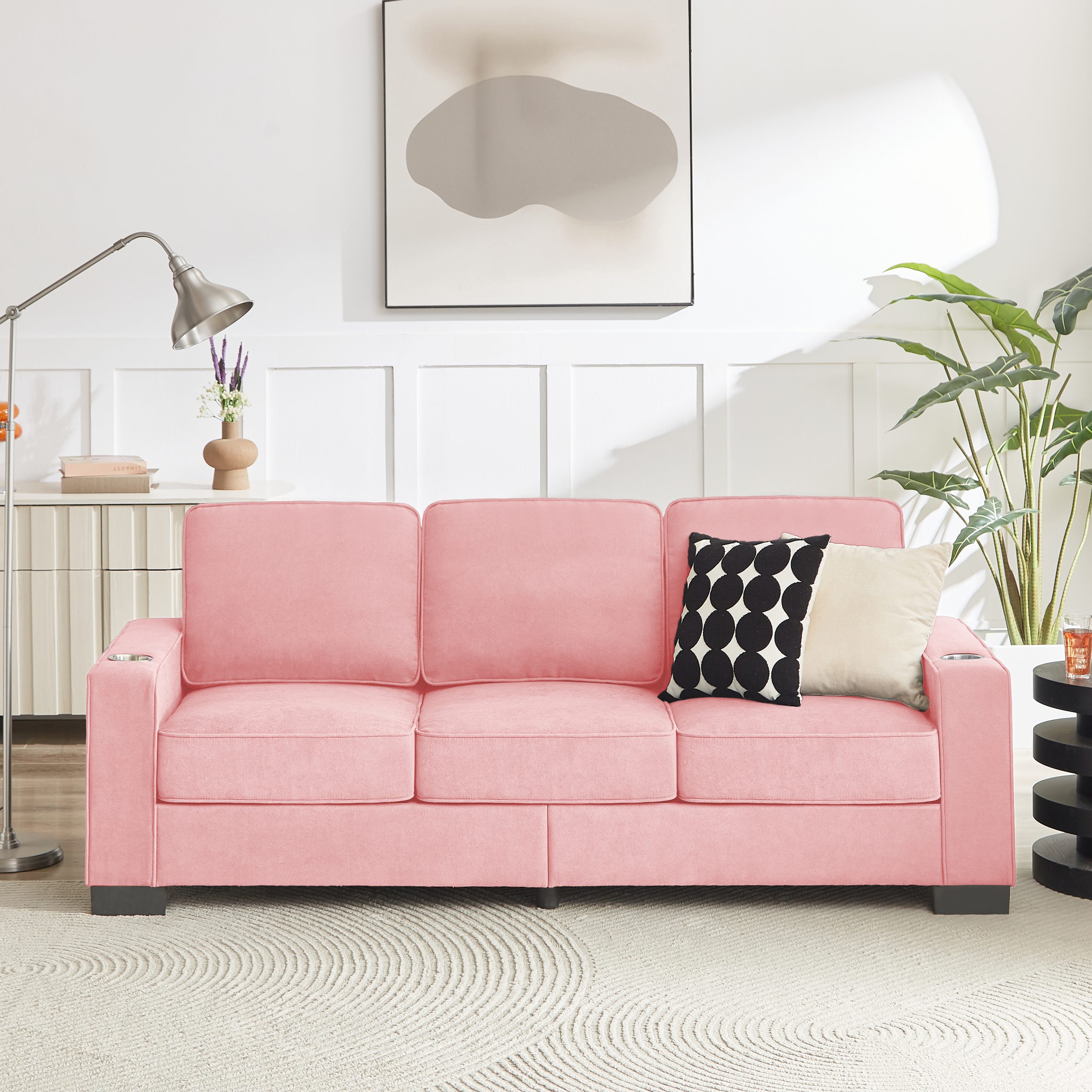 83.86"Snowfleece Fabric sofa,Modern Compressed Couch,3-Seater Sofa, Furniture for Living Room,Bedroom,office ,Pink - Image 2