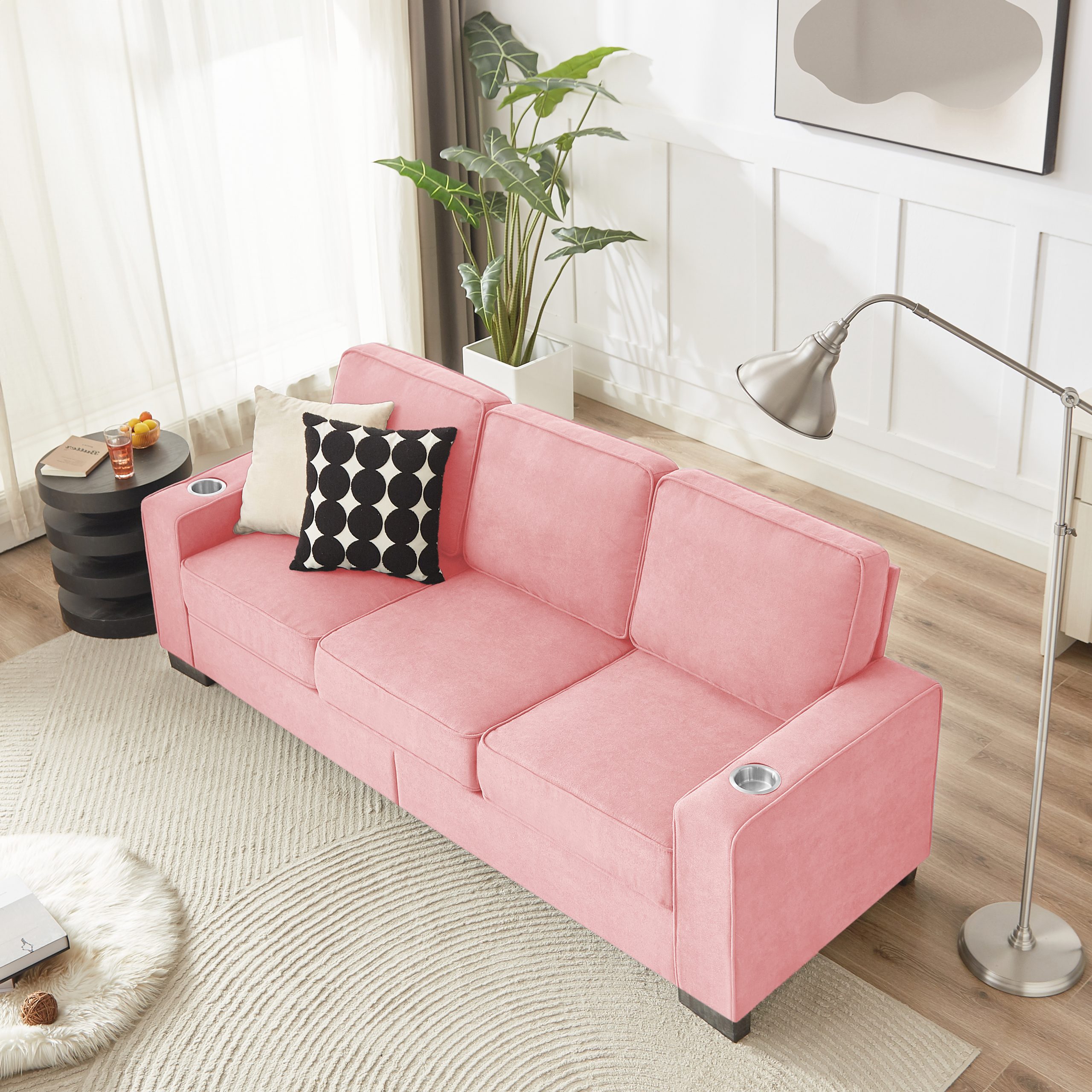 83.86"Snowfleece Fabric sofa,Modern Compressed Couch,3-Seater Sofa, Furniture for Living Room,Bedroom,office ,Pink - Image 3