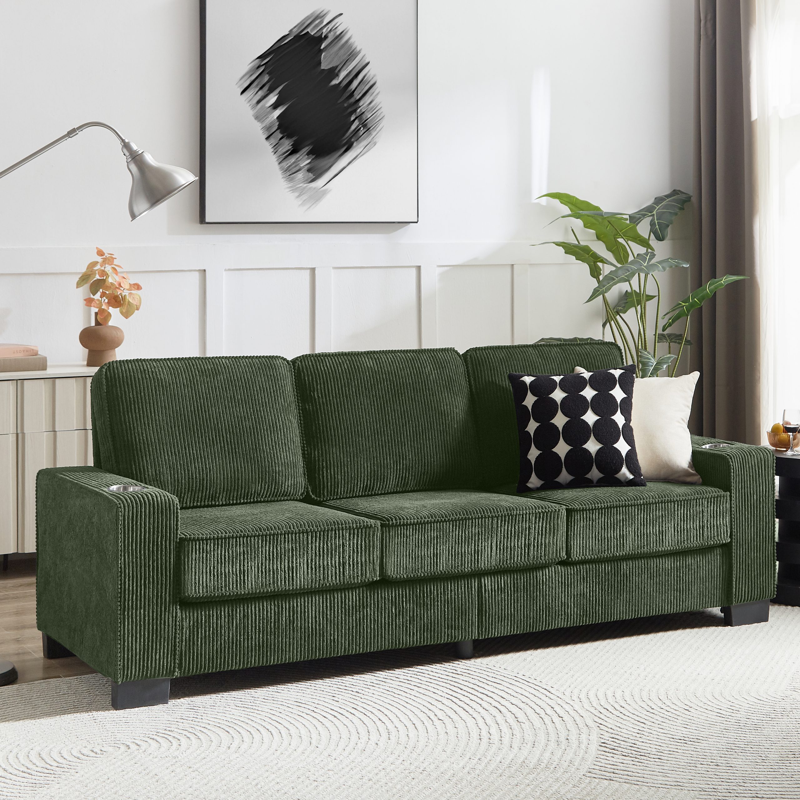 83.86"Corduroy Fabric sofa,Modern Compressed Couch,3-Seater Sofa, Furniture for Living Room,Bedroom,office ,Green - Image 2