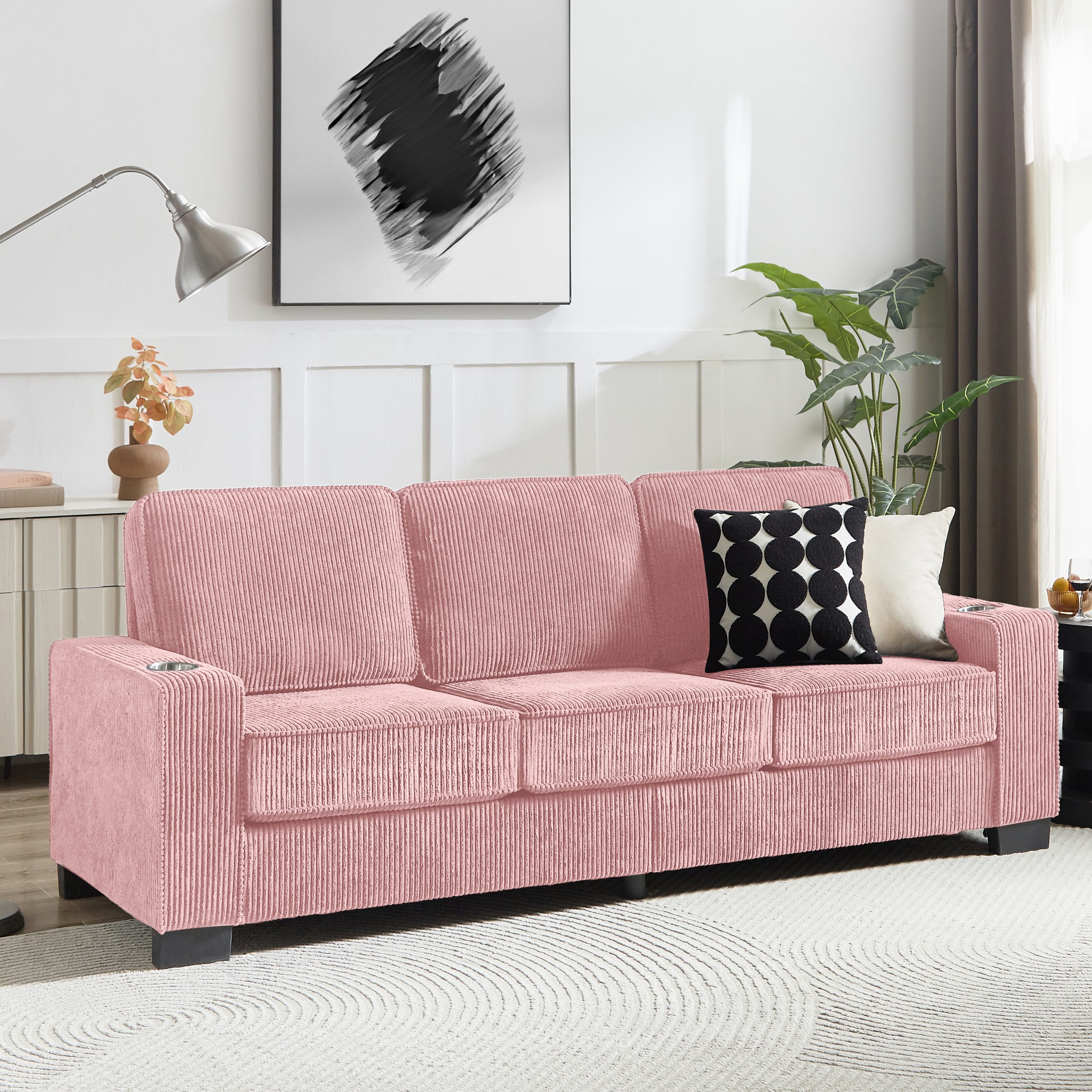 83.86"Corduroy Fabric sofa,Modern Compressed Couch,3-Seater Sofa, Furniture for Living Room,Bedroom,office ,Pink - Image 2