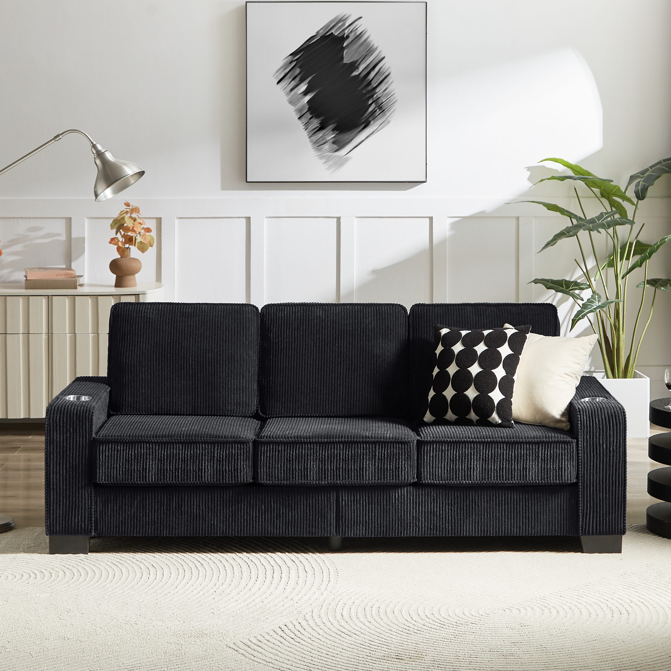 83.86"Corduroy Fabric sofa,Modern Compressed Couch,3-Seater Sofa, Furniture for Living Room,Bedroom,office ,Black - Image 2