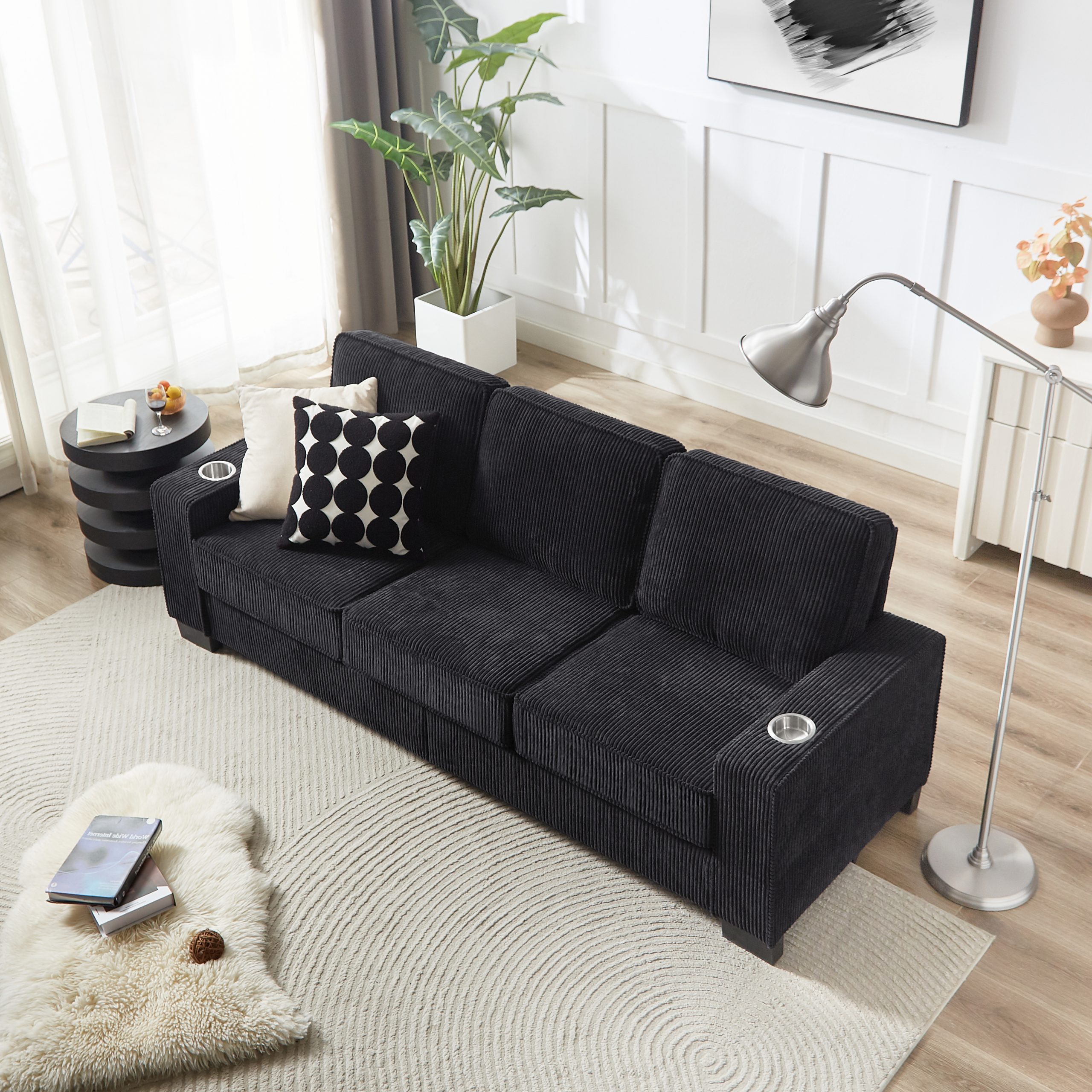 83.86"Corduroy Fabric sofa,Modern Compressed Couch,3-Seater Sofa, Furniture for Living Room,Bedroom,office ,Black - Image 3