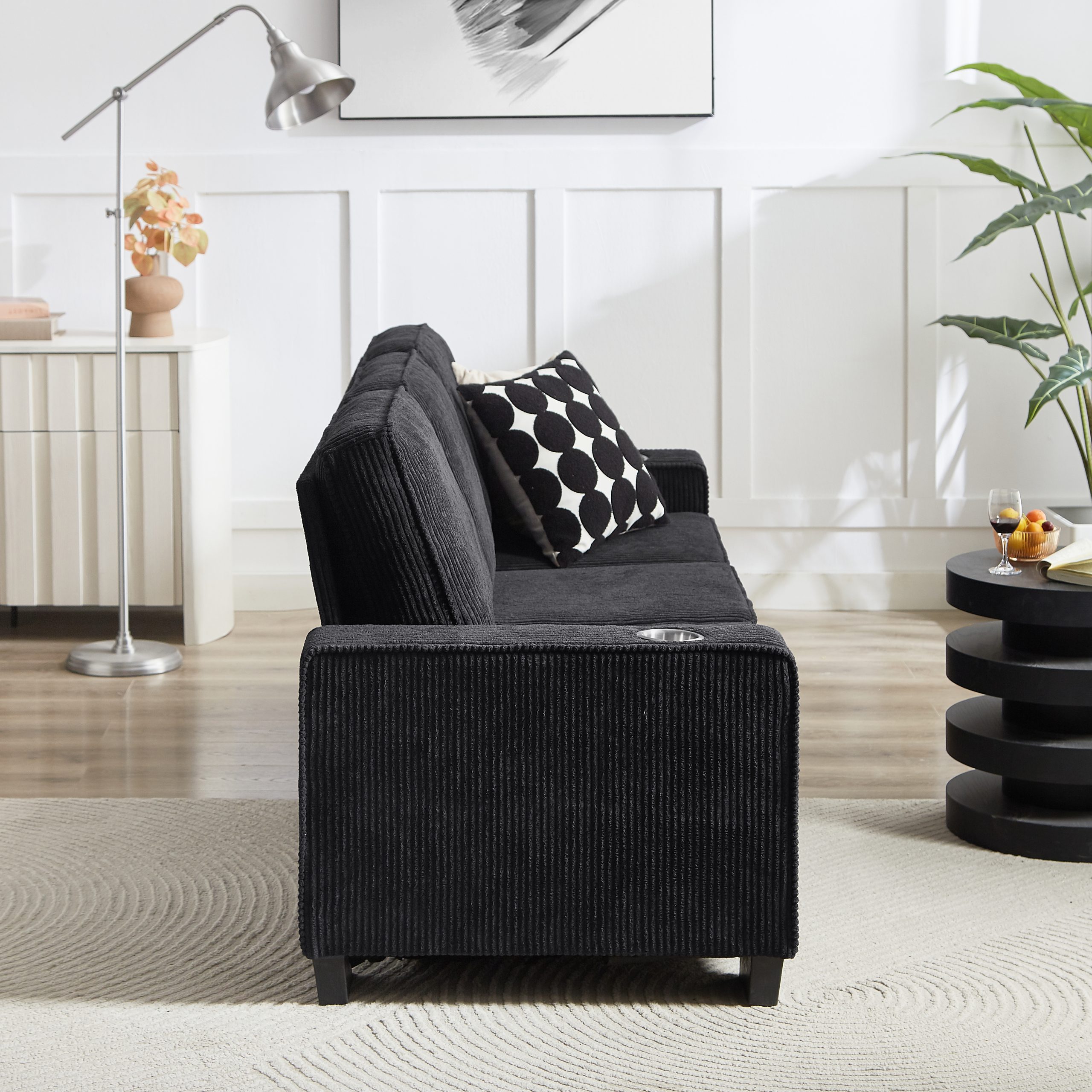 83.86"Corduroy Fabric sofa,Modern Compressed Couch,3-Seater Sofa, Furniture for Living Room,Bedroom,office ,Black - Image 4