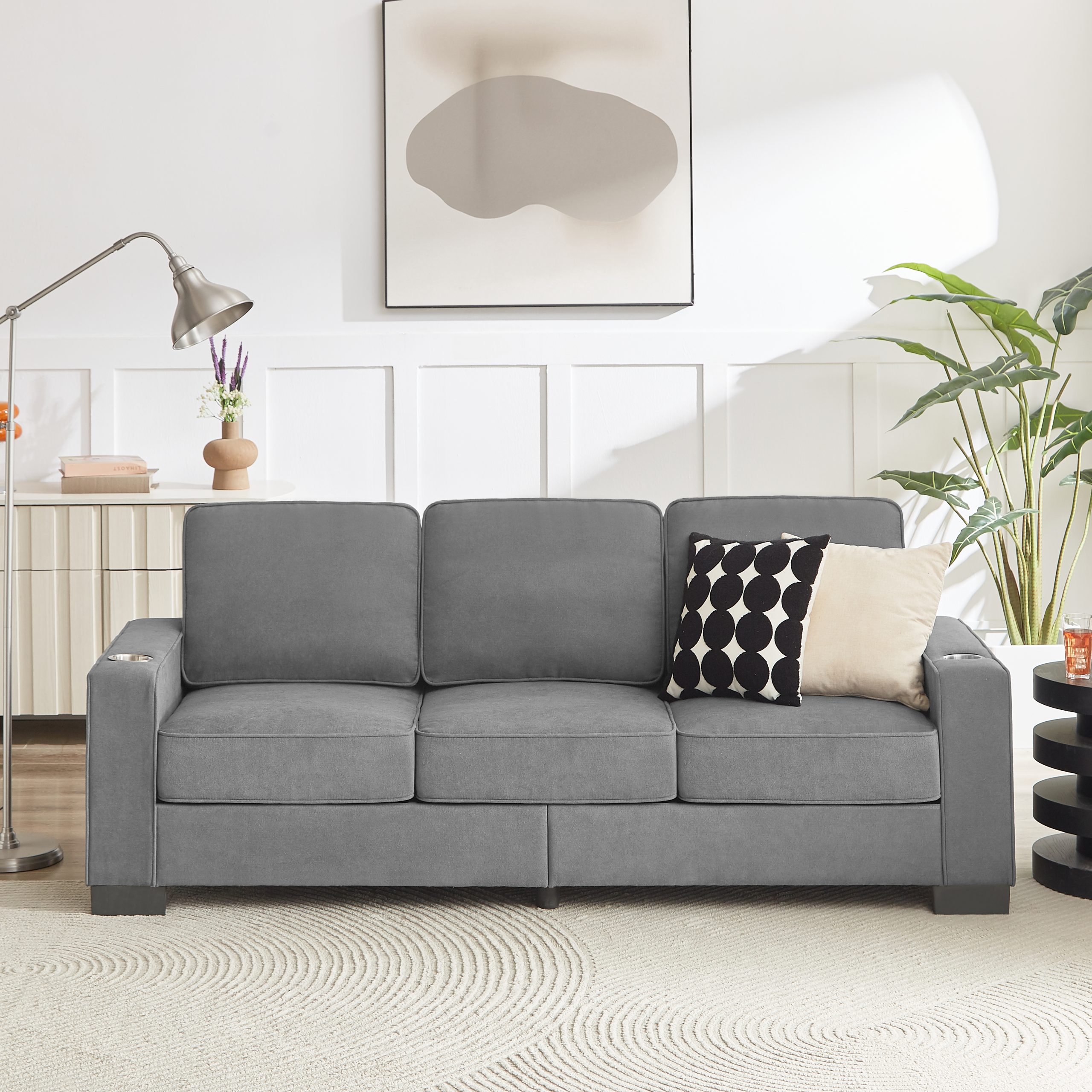 83.86"Snowfleece Fabric sofa,Modern Compressed Couch,3-Seater Sofa, Furniture for Living Room,Bedroom,office ,Gray - Image 2