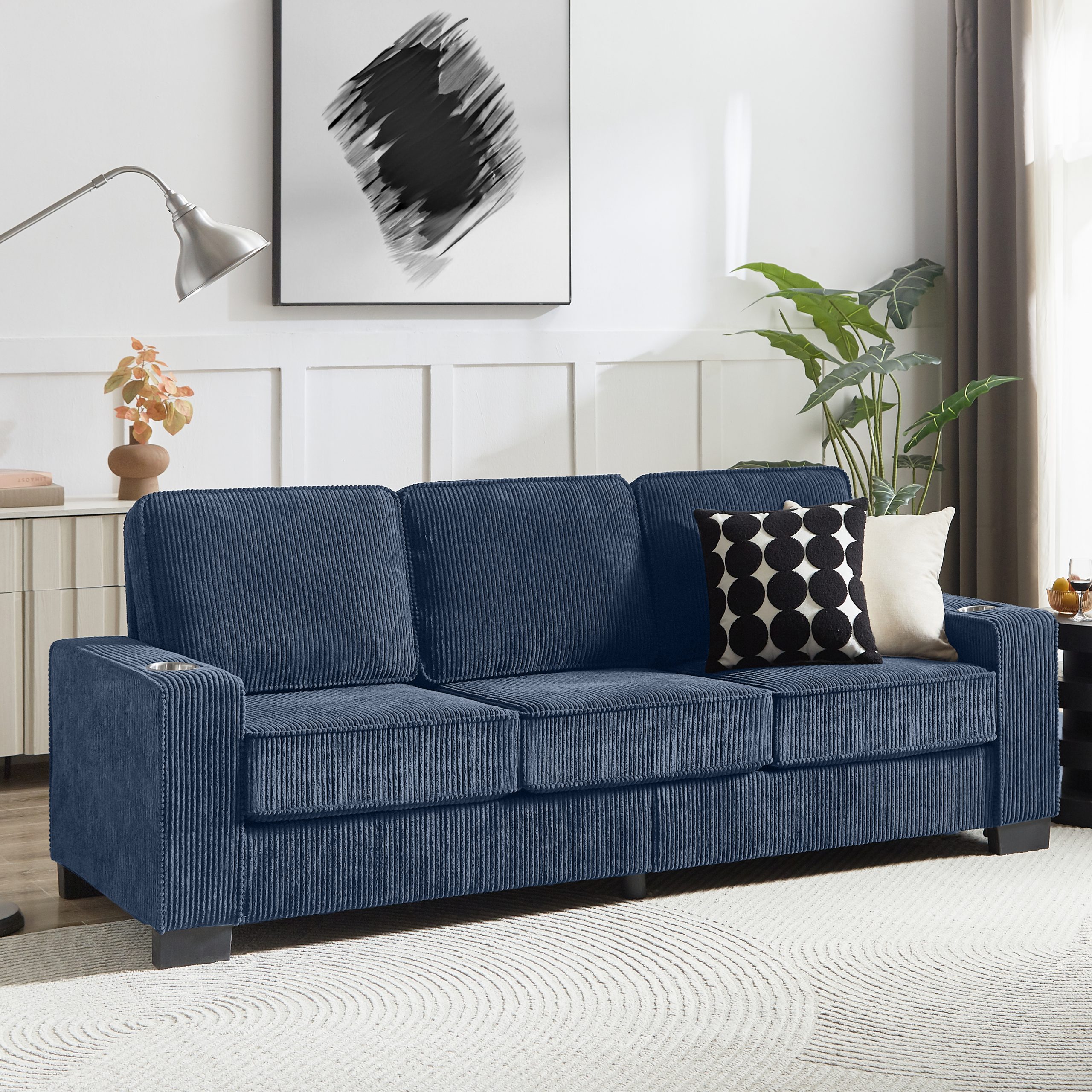 83.86"Corduroy Fabric sofa,Modern Compressed Couch,3-Seater Sofa, Furniture for Living Room,Bedroom,office ,Blue - Image 2