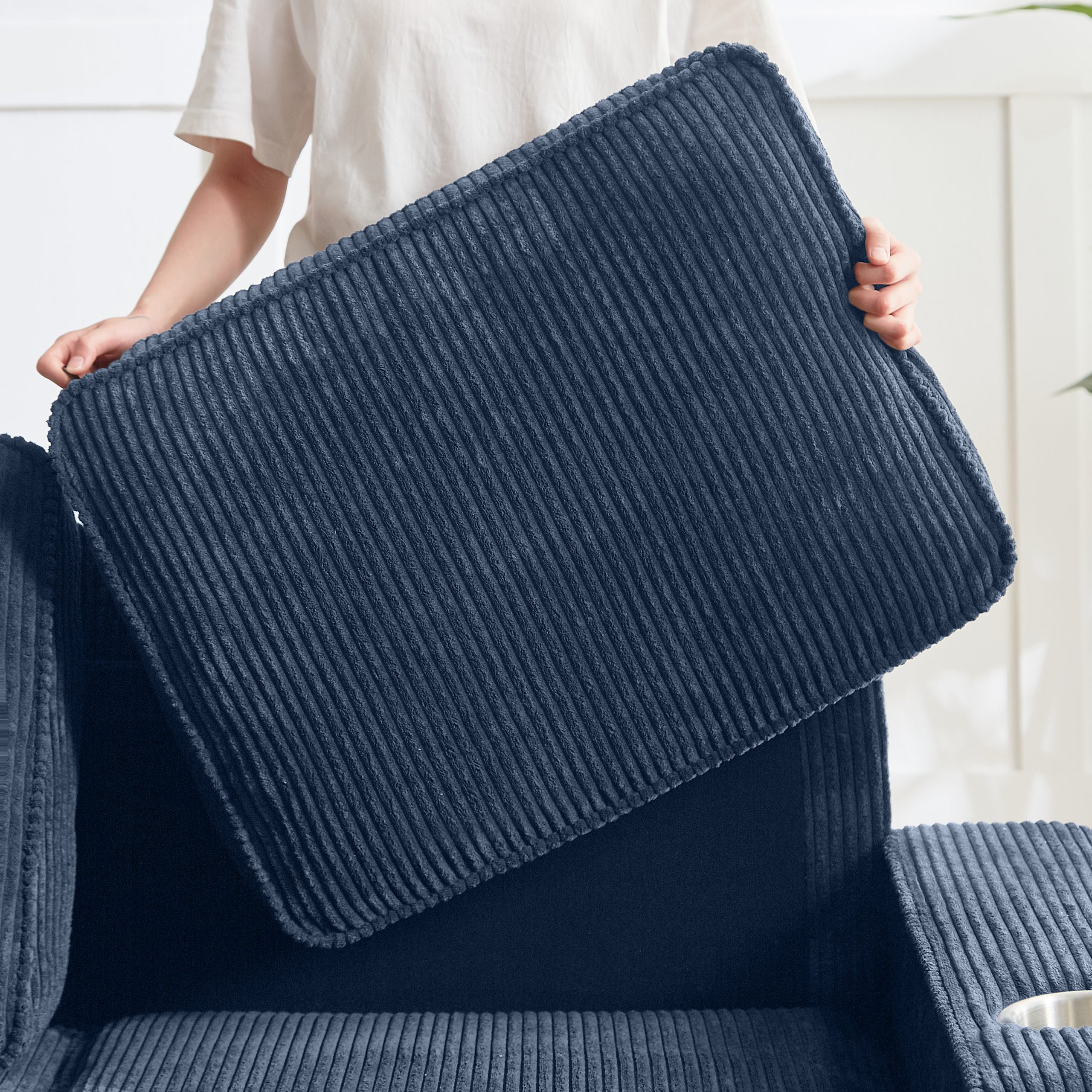 83.86"Corduroy Fabric sofa,Modern Compressed Couch,3-Seater Sofa, Furniture for Living Room,Bedroom,office ,Blue - Image 4