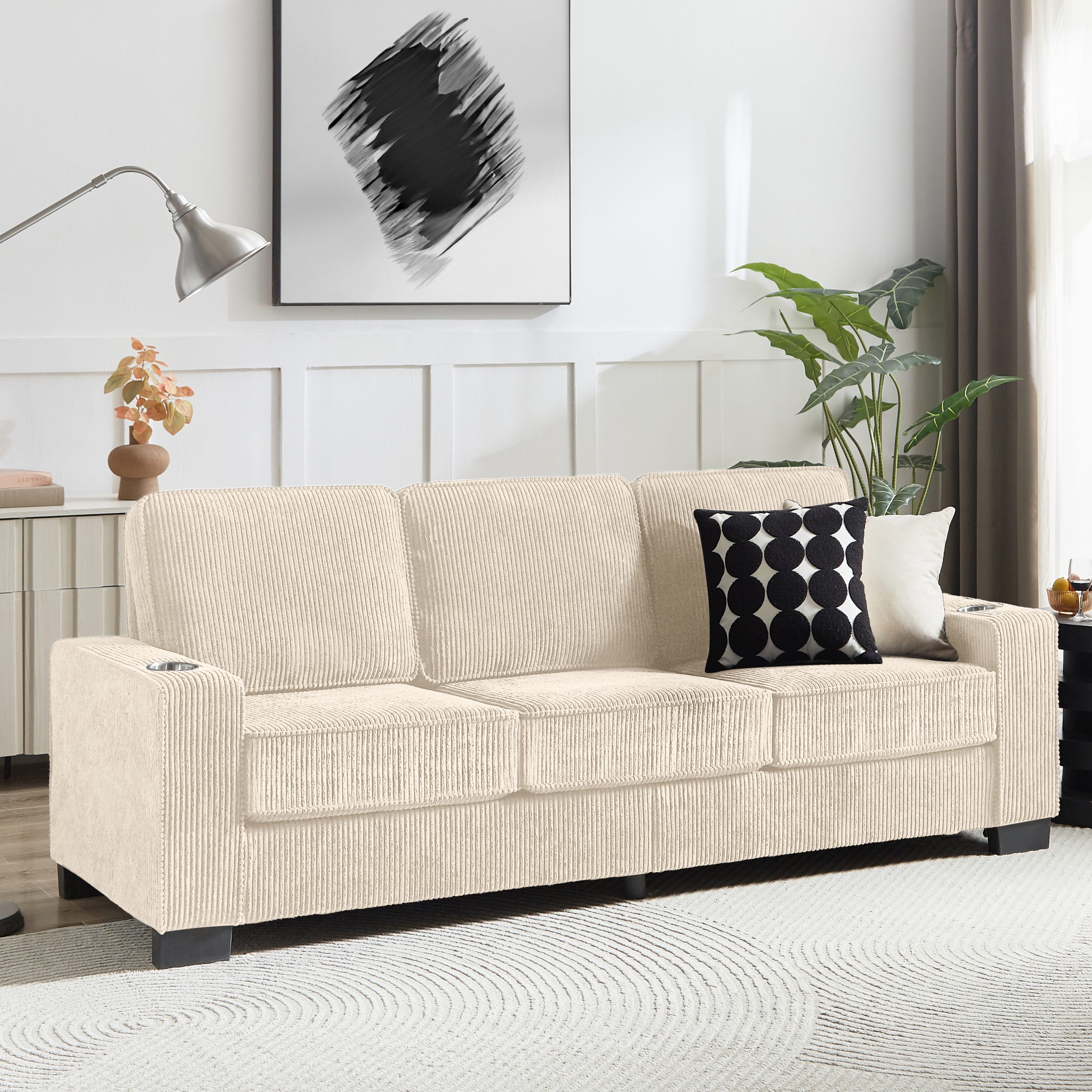 83.86"Corduroy Fabric sofa,Modern Compressed Couch,3-Seater Sofa, Furniture for Living Room,Bedroom,office ,Beige - Image 2