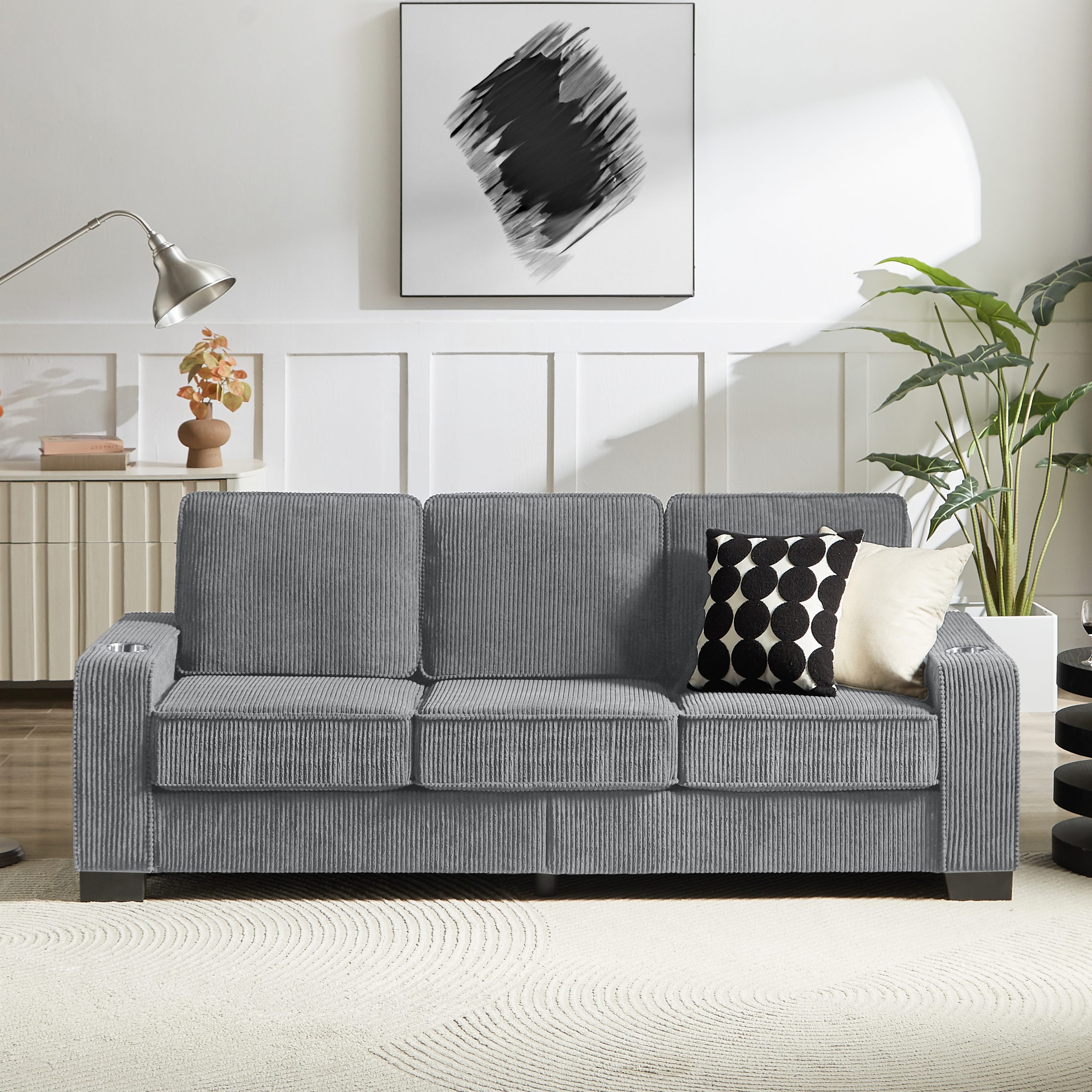 83.86"Corduroy Fabric sofa,Modern Compressed Couch,3-Seater Sofa, Furniture for Living Room,Bedroom,office ,Gray - Image 2