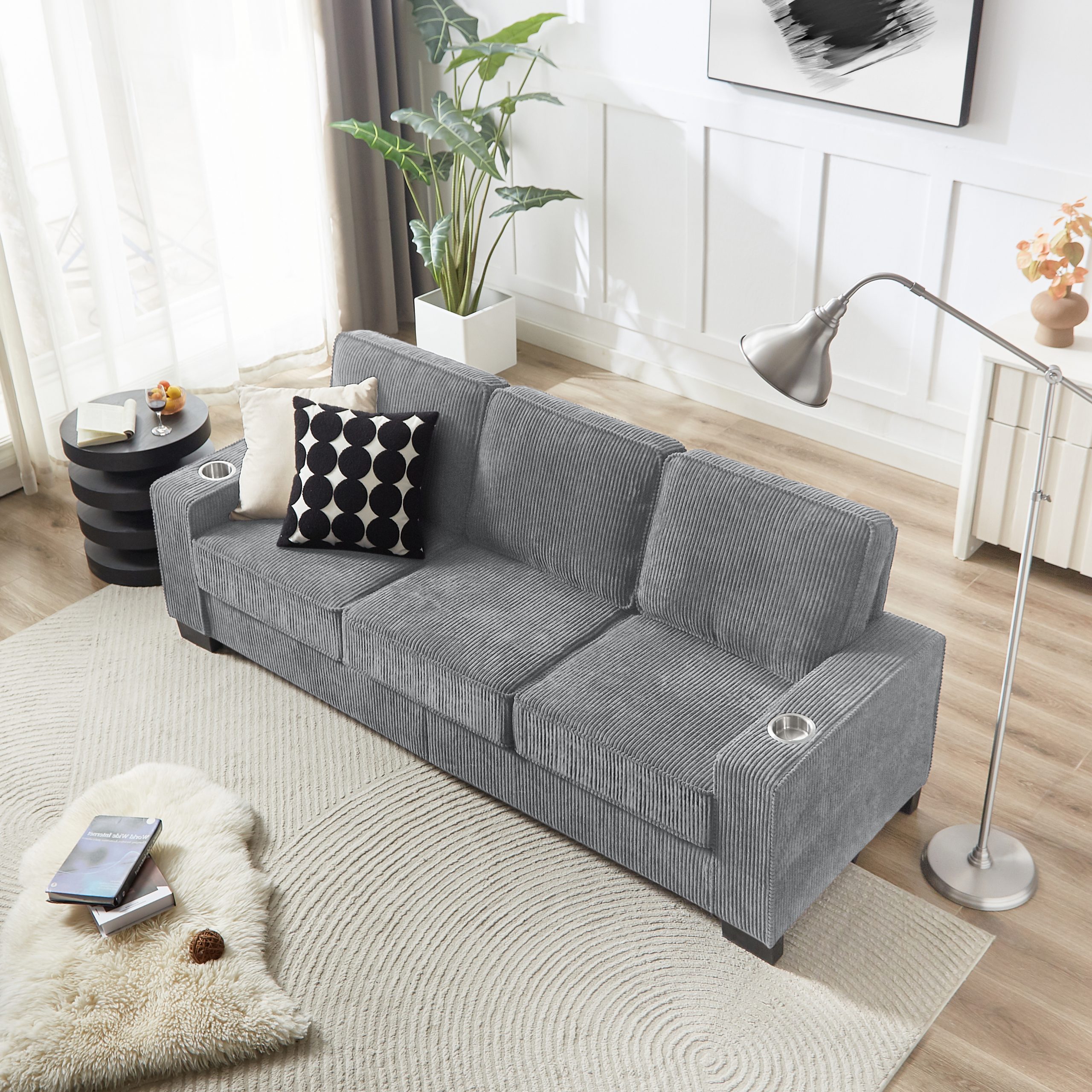 83.86"Corduroy Fabric sofa,Modern Compressed Couch,3-Seater Sofa, Furniture for Living Room,Bedroom,office ,Gray - Image 3