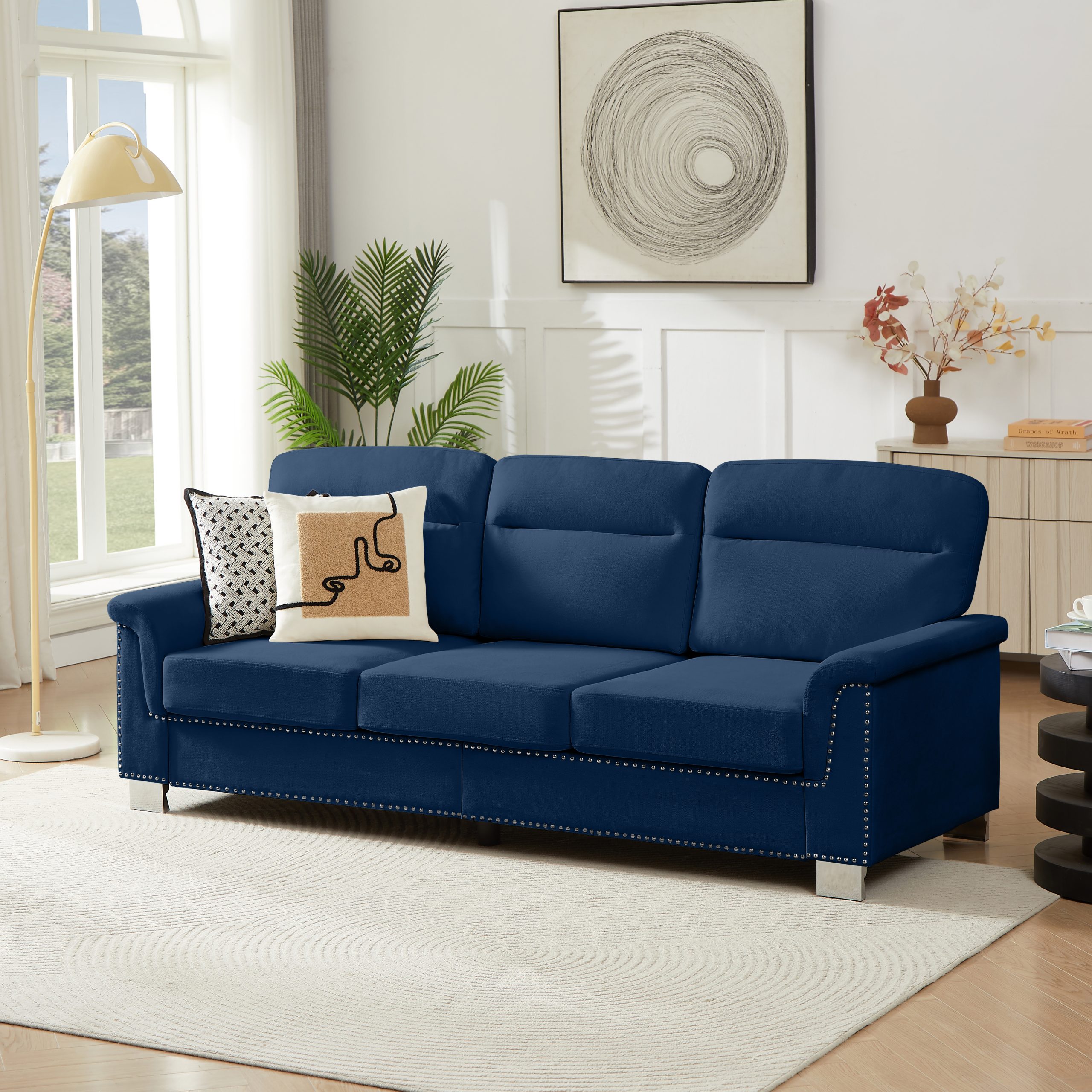 82" Modern Compressed Snowfleece Fabric 3-Seater Sofa, for Living Room, Bedroom, Office & Entertainment Spaces, ​Blue - Image 2