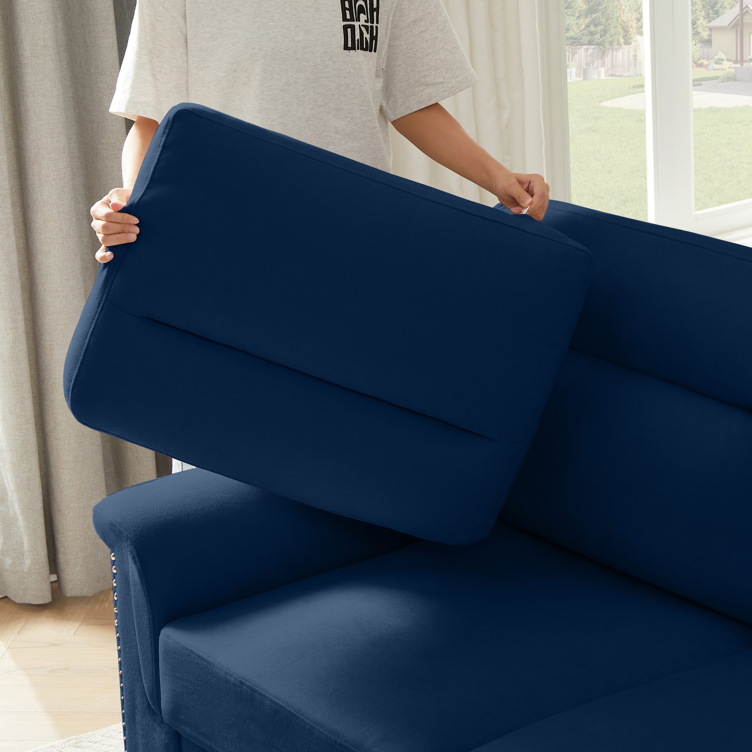 82" Modern Compressed Snowfleece Fabric 3-Seater Sofa, for Living Room, Bedroom, Office & Entertainment Spaces, ​Blue - Image 4