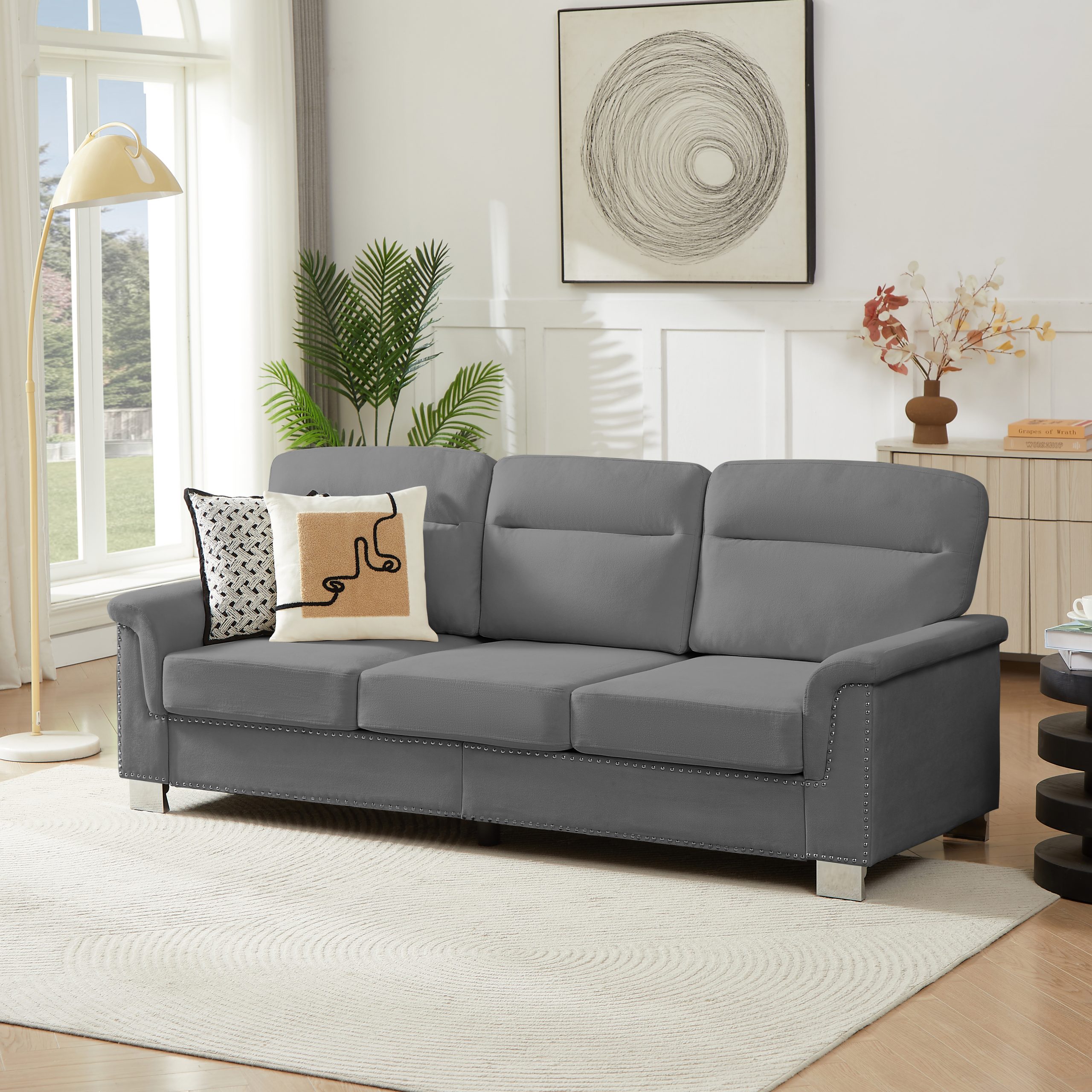 82" Modern Compressed Snowfleece Fabric 3-Seater Sofa, for Living Room, Bedroom, Office & Entertainment Spaces, ​Gray - Image 2