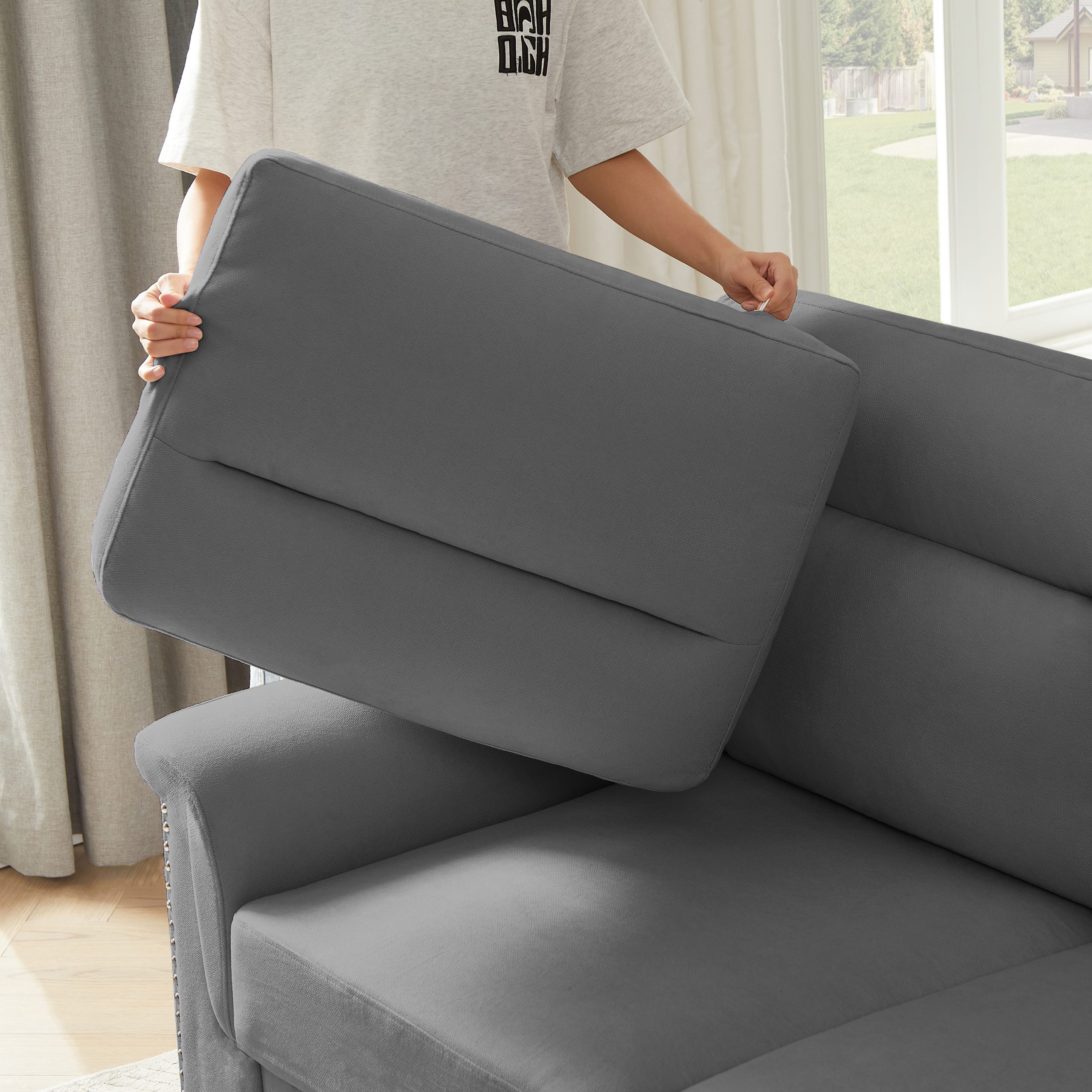 82" Modern Compressed Snowfleece Fabric 3-Seater Sofa, for Living Room, Bedroom, Office & Entertainment Spaces, ​Gray - Image 3