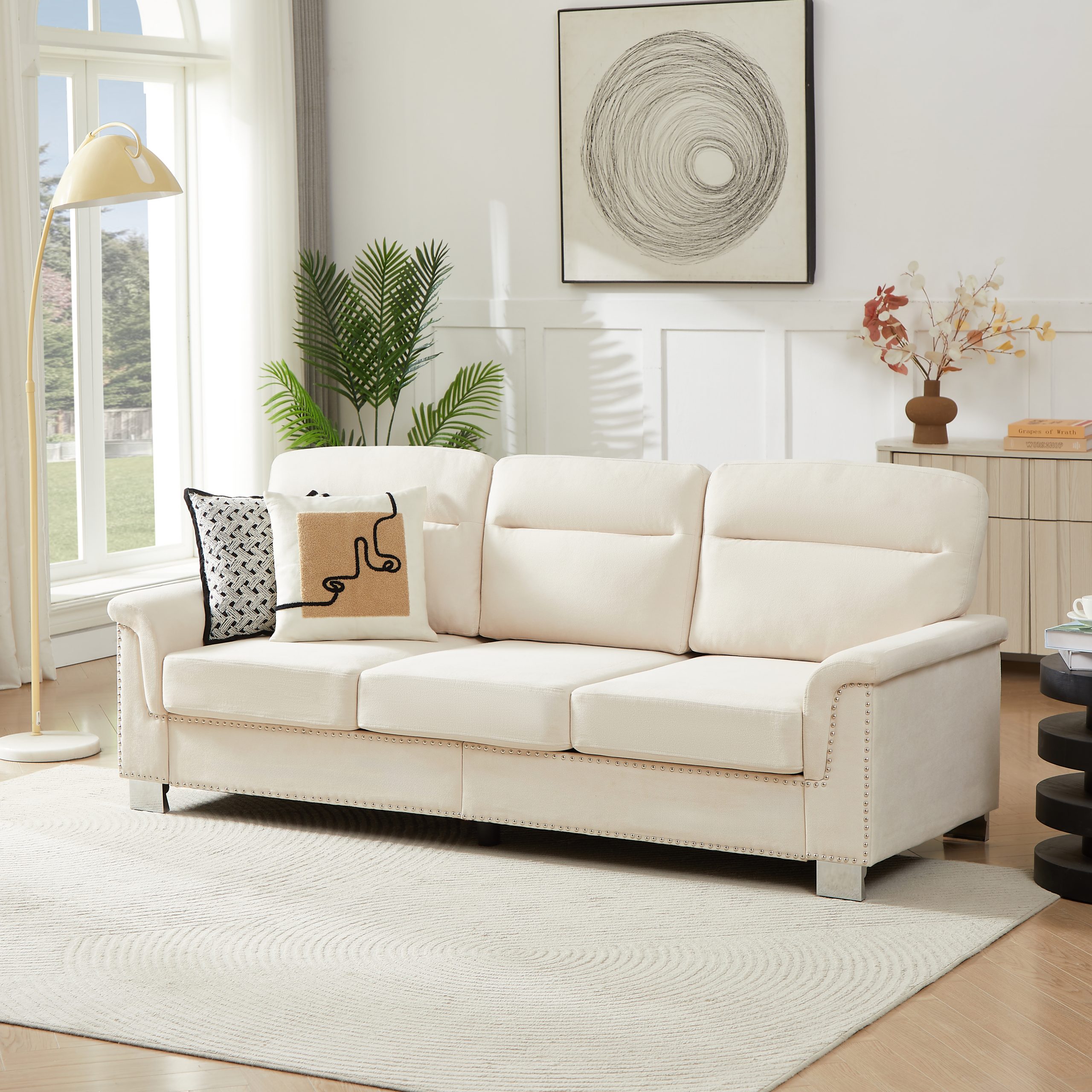 82" Modern Compressed Snowfleece Fabric 3-Seater Sofa, for Living Room, Bedroom, Office & Entertainment Spaces, Beige - Image 2