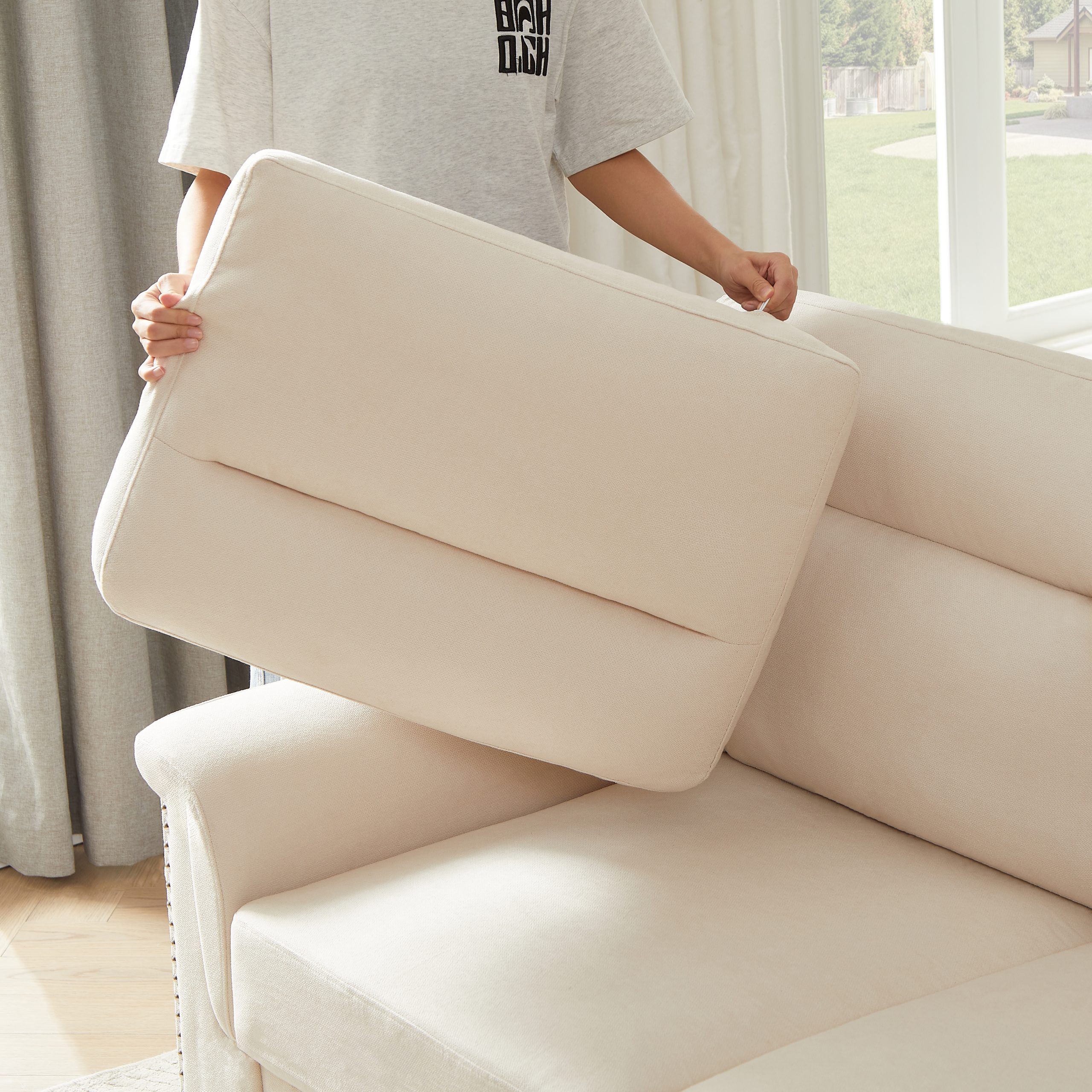 82" Modern Compressed Snowfleece Fabric 3-Seater Sofa, for Living Room, Bedroom, Office & Entertainment Spaces, Beige - Image 3