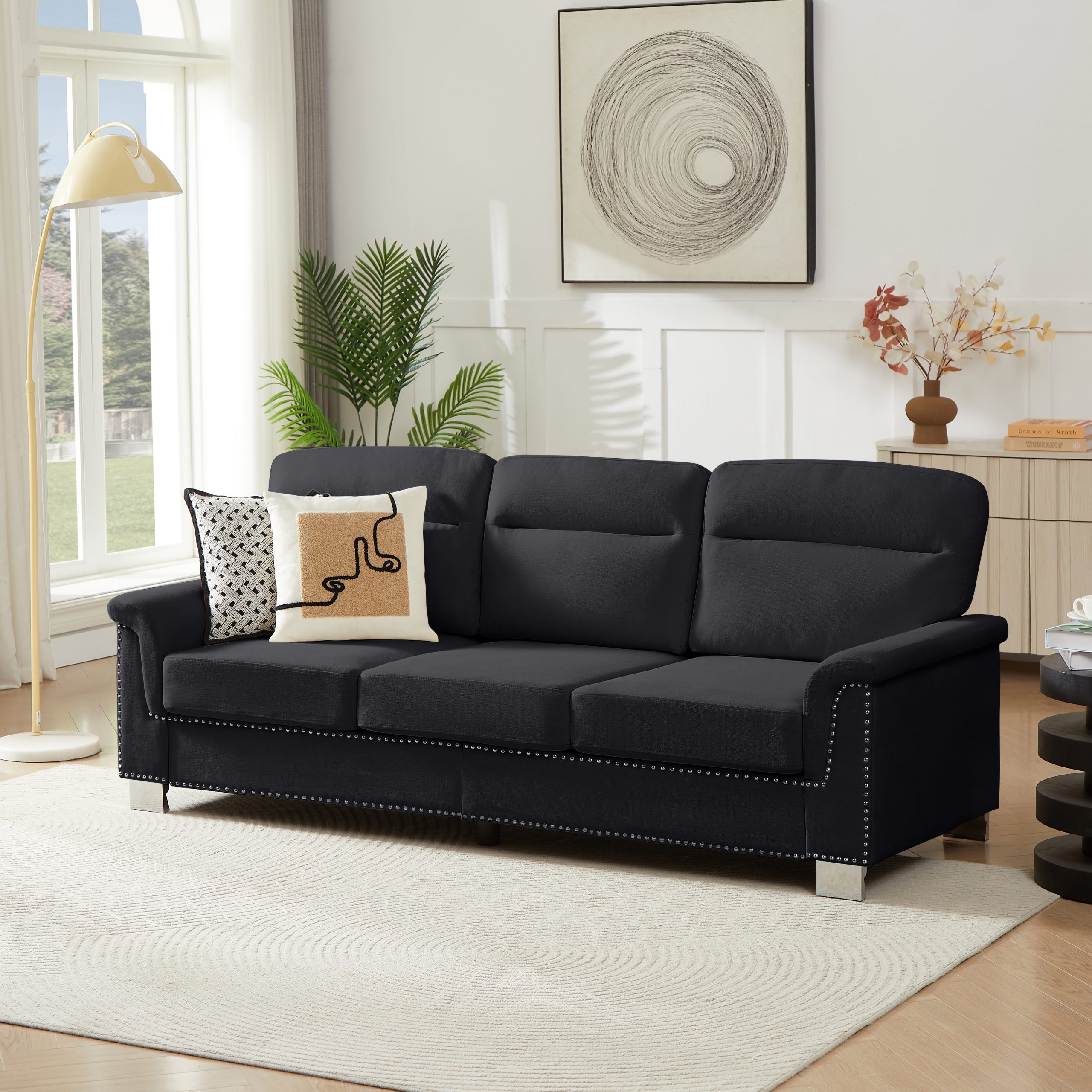 82" Modern Compressed Snowfleece Fabric 3-Seater Sofa, for Living Room, Bedroom, Office & Entertainment Spaces,Black - Image 2