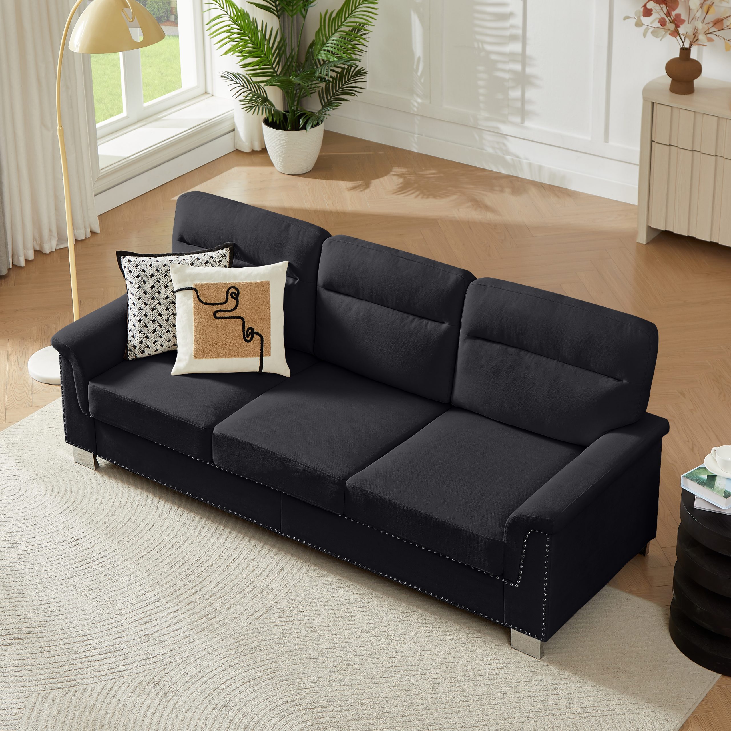 82" Modern Compressed Snowfleece Fabric 3-Seater Sofa, for Living Room, Bedroom, Office & Entertainment Spaces,Black - Image 3