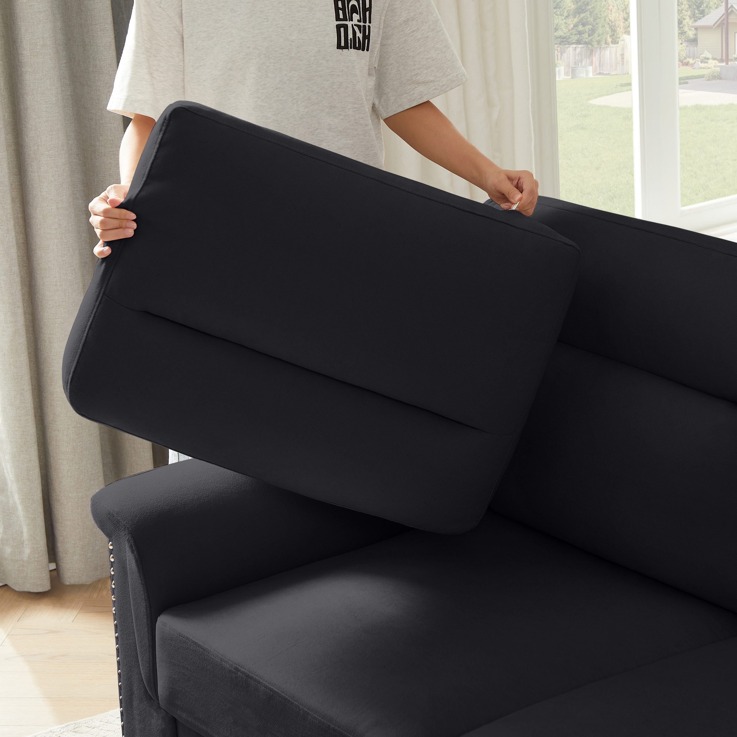 82" Modern Compressed Snowfleece Fabric 3-Seater Sofa, for Living Room, Bedroom, Office & Entertainment Spaces,Black - Image 4