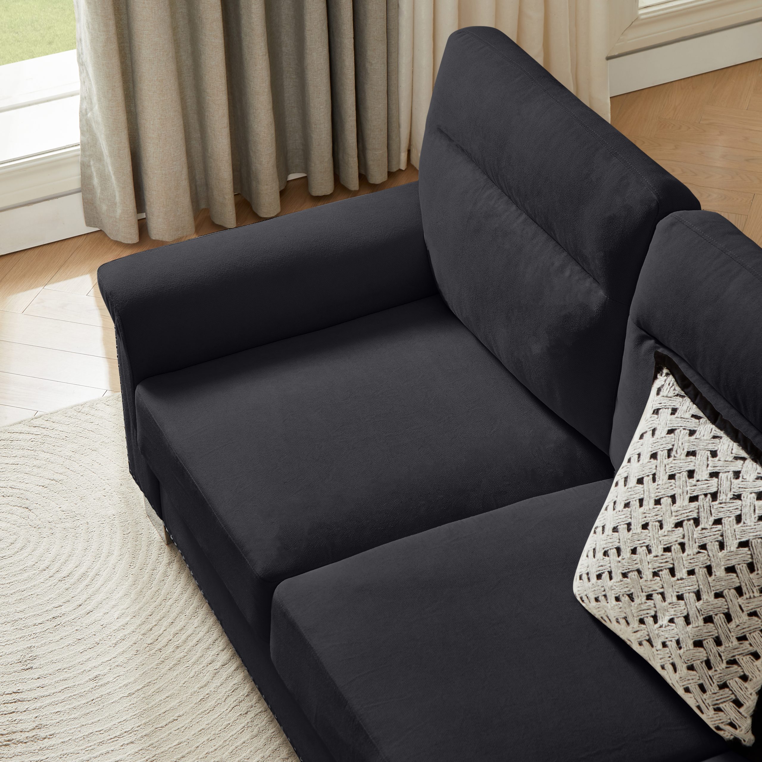 82" Modern Compressed Snowfleece Fabric 3-Seater Sofa, for Living Room, Bedroom, Office & Entertainment Spaces,Black - Image 5