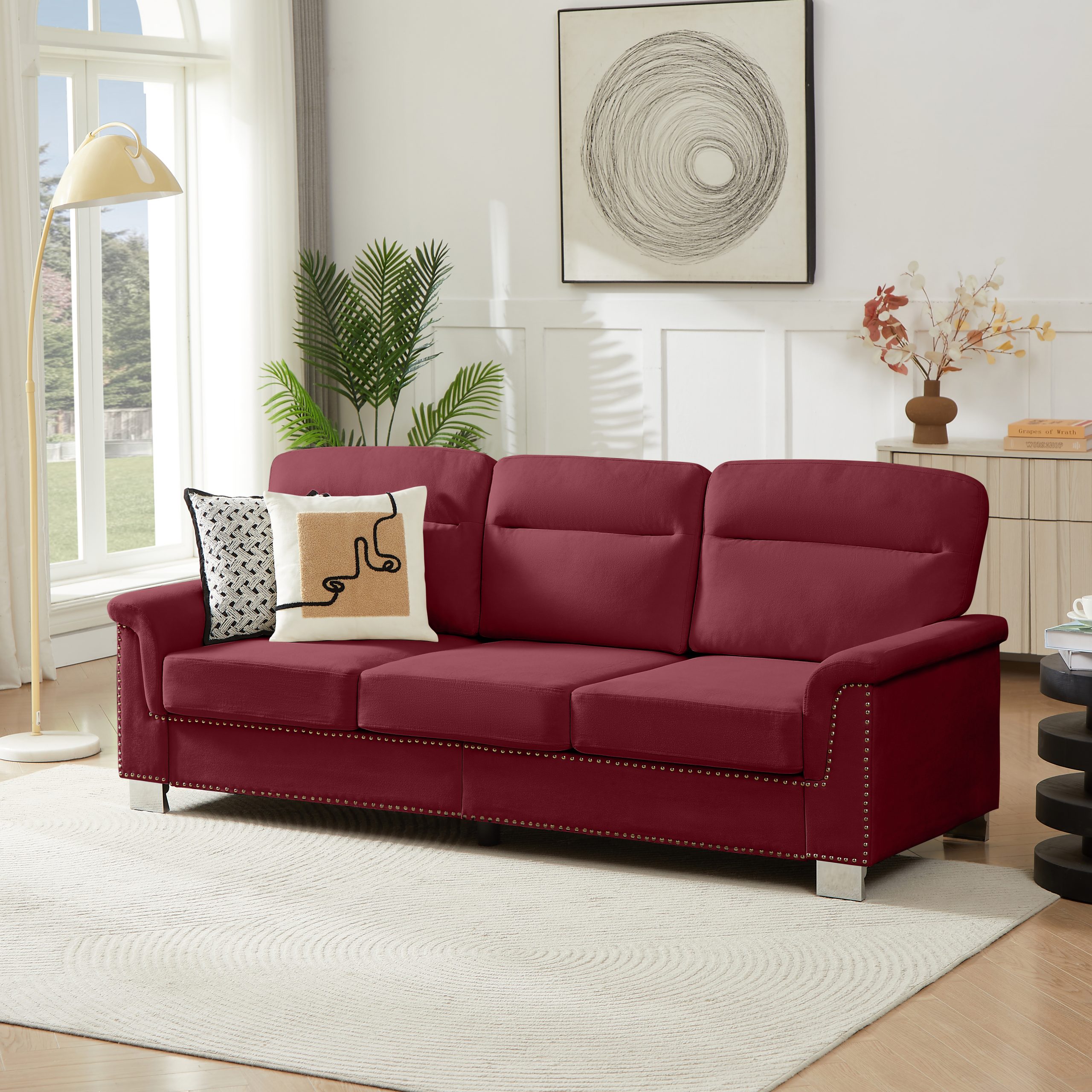 82" Modern Compressed Snowfleece Fabric 3-Seater Sofa, for Living Room, Bedroom, Office & Entertainment Spaces, ​Burgundy - Image 2