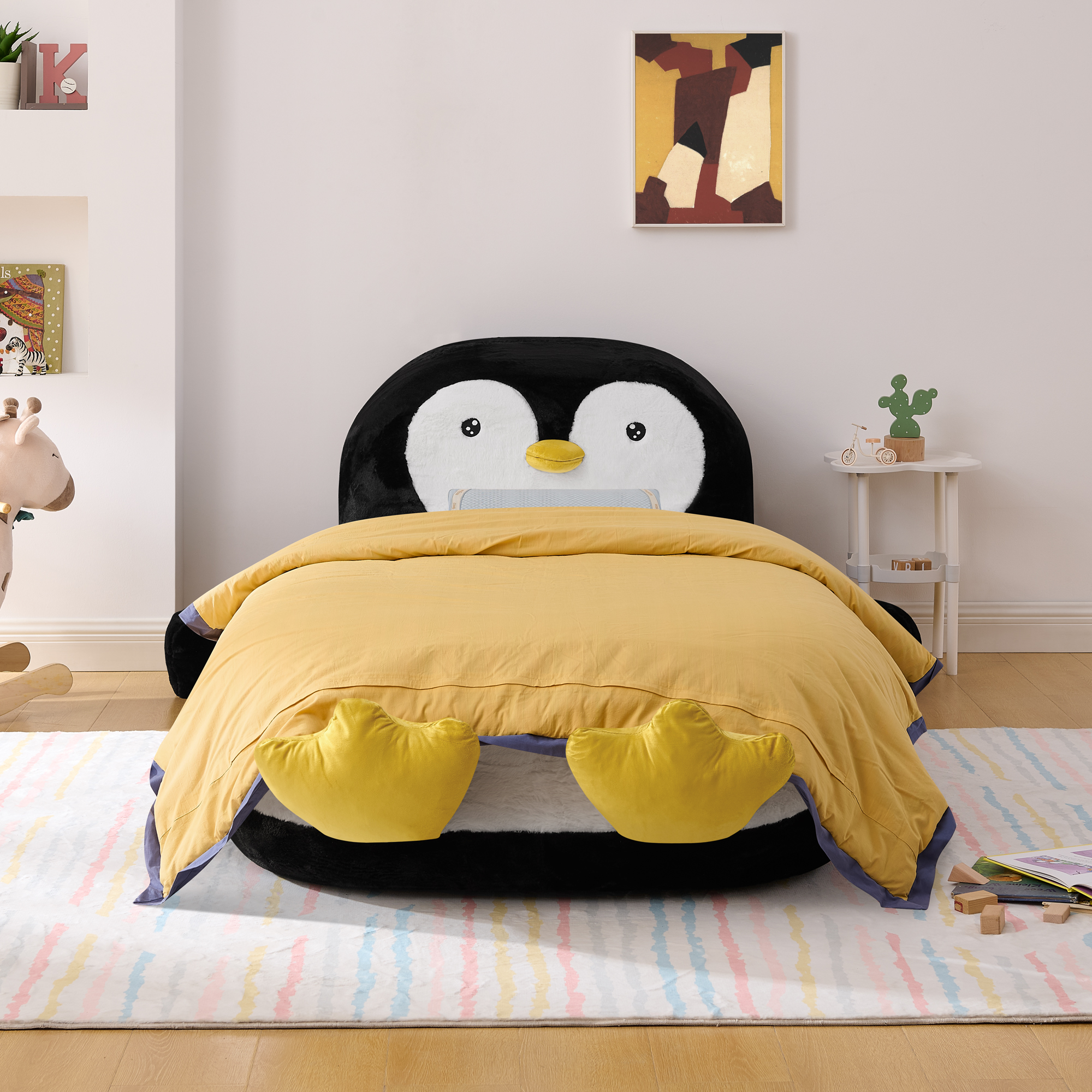 Twin Size Fluffy Faux Fur Penguin Shaped Bed Lounger Chair with 100% Sponge Filling for Kids Bedroom Playroom (88''x45''x29.5'') - Image 2