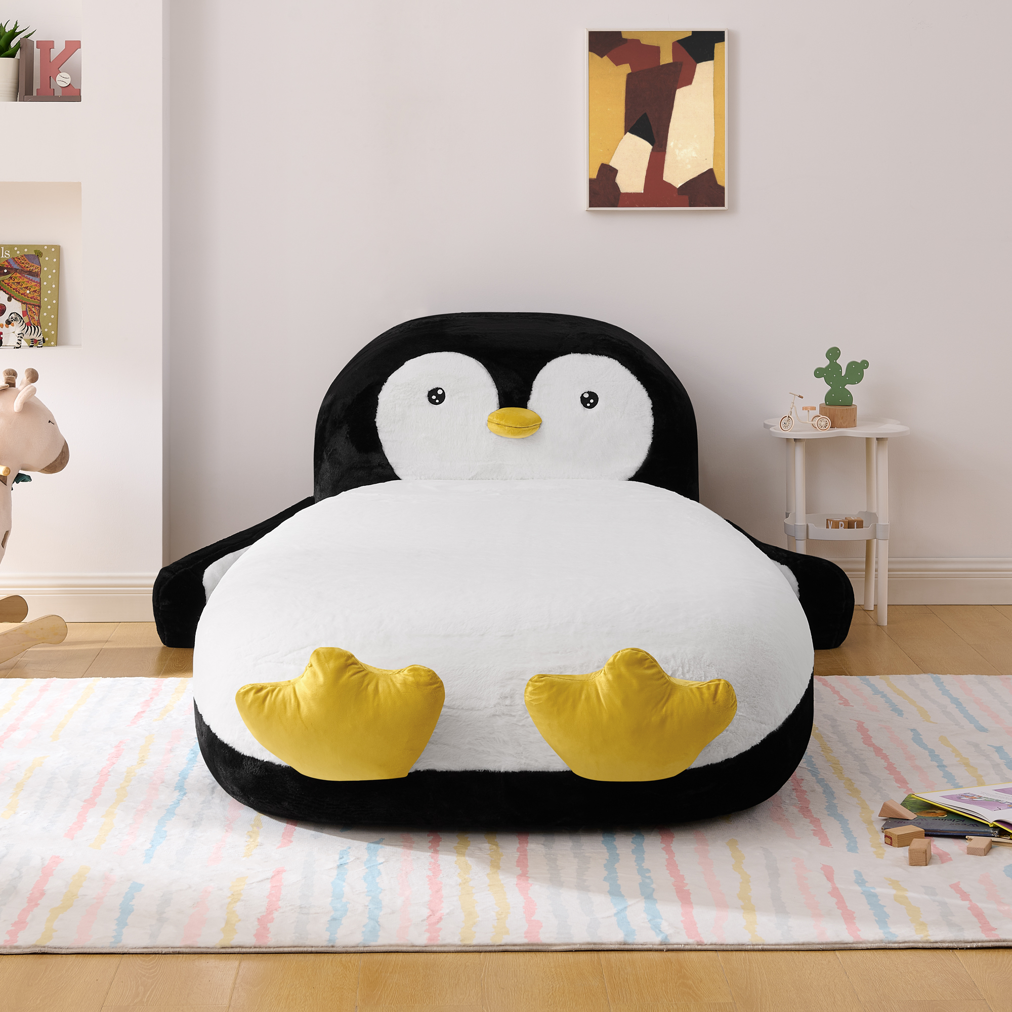 Twin Size Fluffy Faux Fur Penguin Shaped Bed Lounger Chair with 100% Sponge Filling for Kids Bedroom Playroom (88''x45''x29.5'') - Image 3