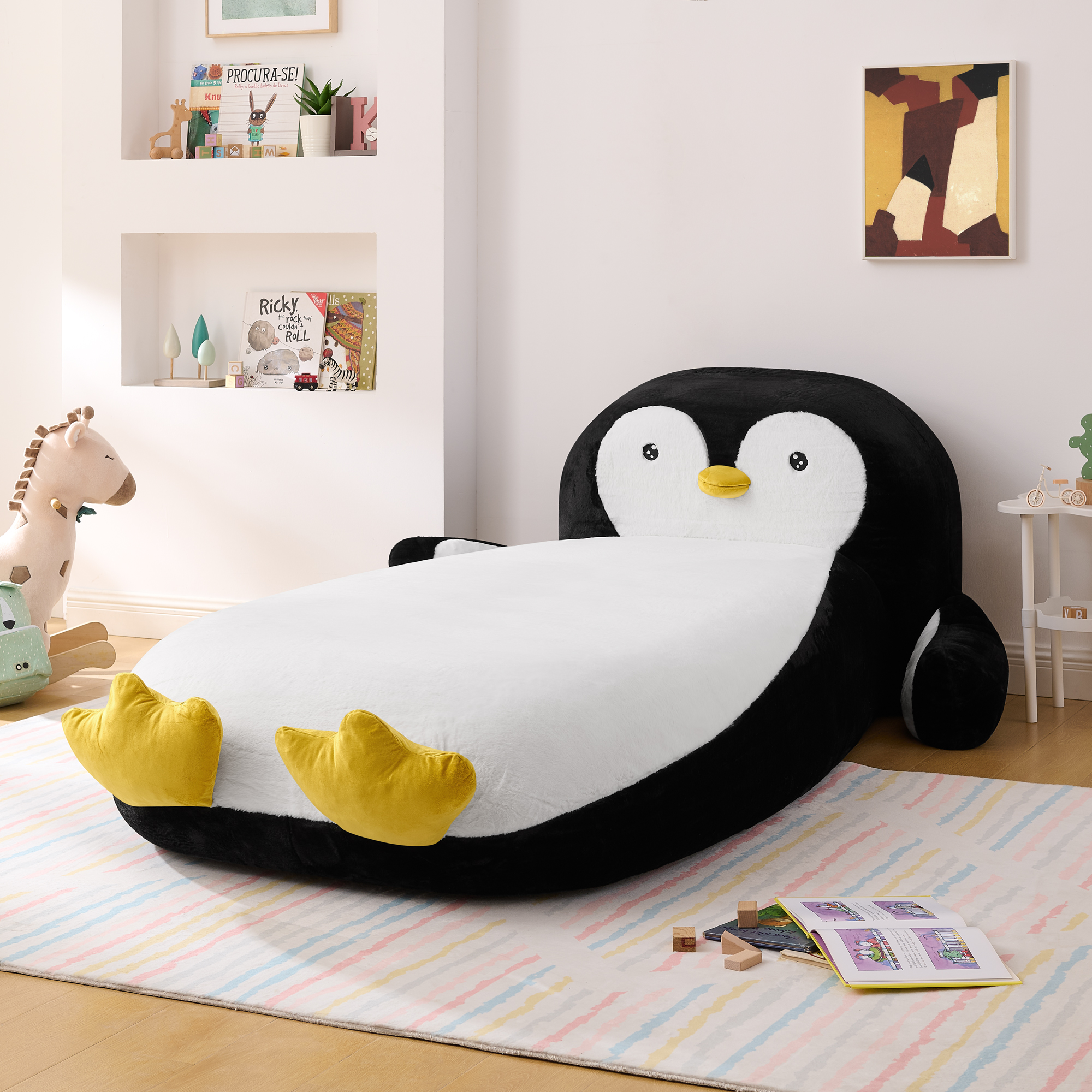 Twin Size Fluffy Faux Fur Penguin Shaped Bed Lounger Chair with 100% Sponge Filling for Kids Bedroom Playroom (88''x45''x29.5'') - Image 4