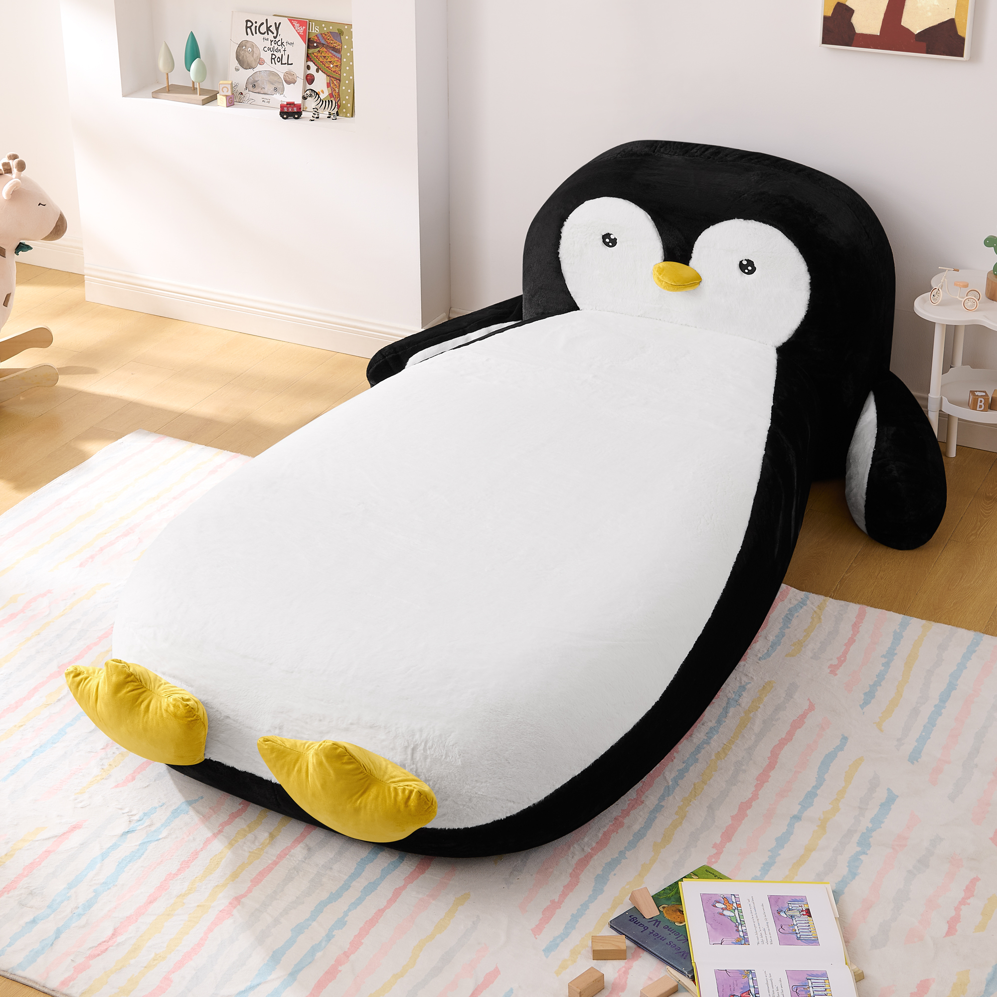 Twin Size Fluffy Faux Fur Penguin Shaped Bed Lounger Chair with 100% Sponge Filling for Kids Bedroom Playroom (88''x45''x29.5'') - Image 5
