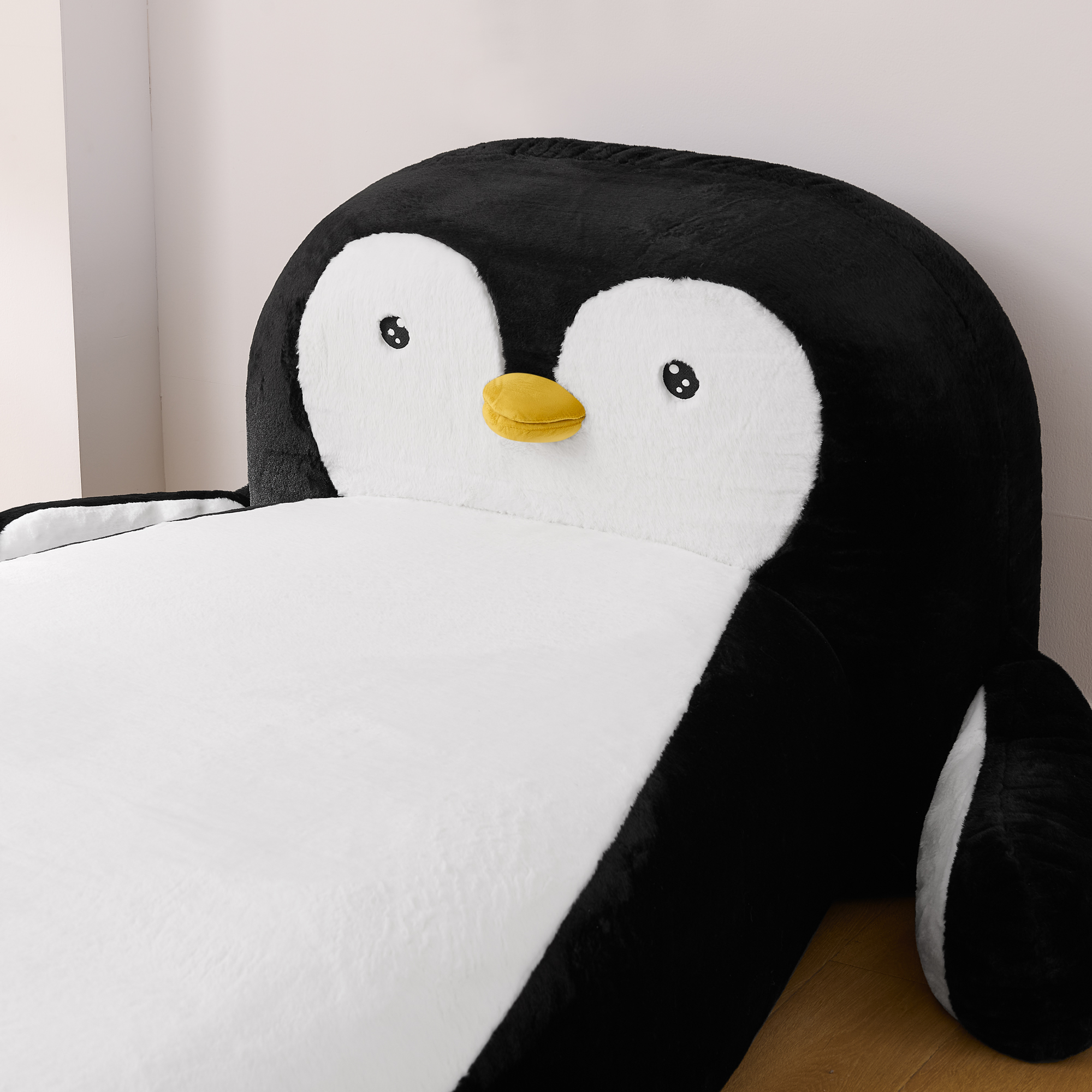 Twin Size Fluffy Faux Fur Penguin Shaped Bed Lounger Chair with 100% Sponge Filling for Kids Bedroom Playroom (88''x45''x29.5'') - Image 6