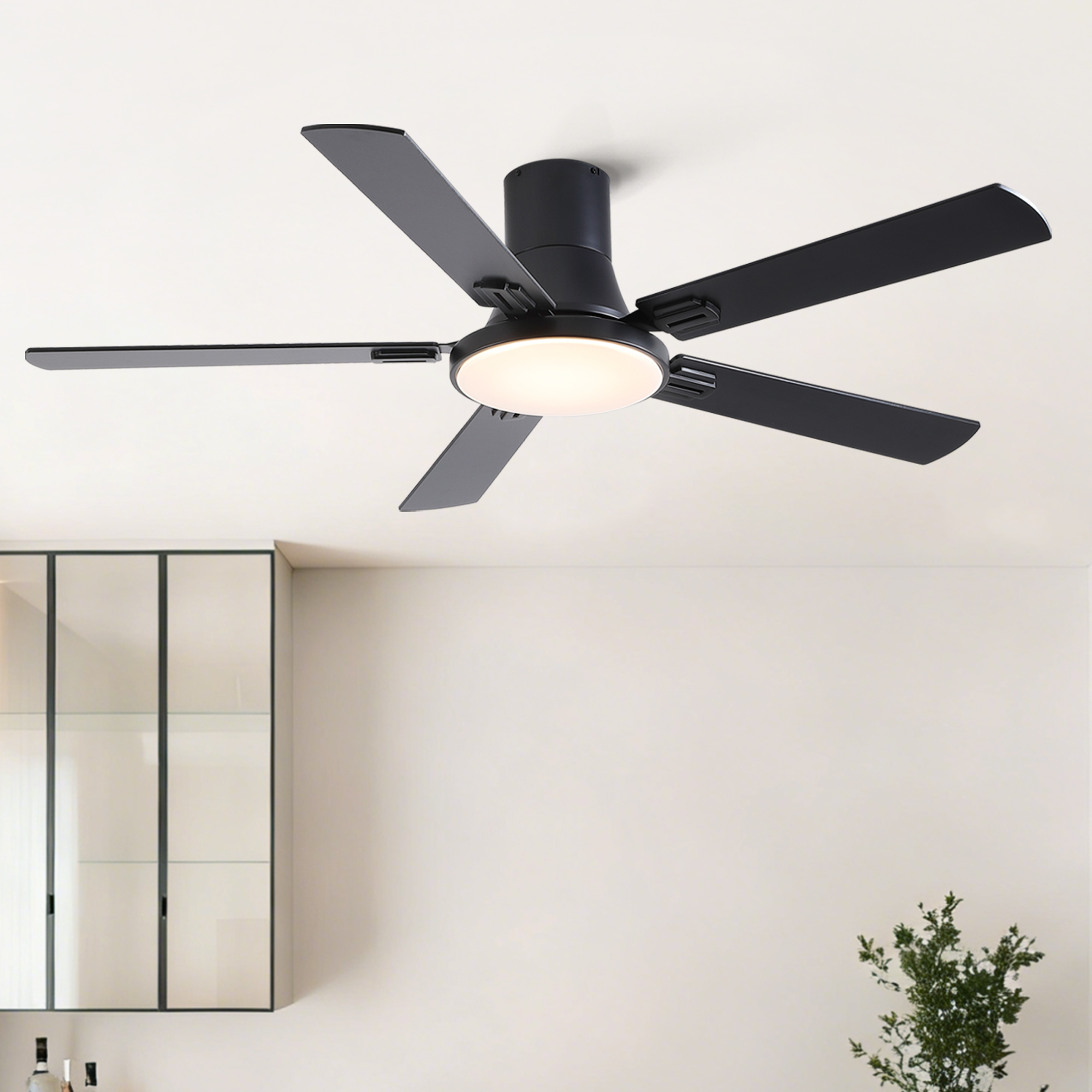 52 inch Mordern Minimalism Black Flush Mount Ceiling Fan with Light and Double-Sized Blades - Image 2