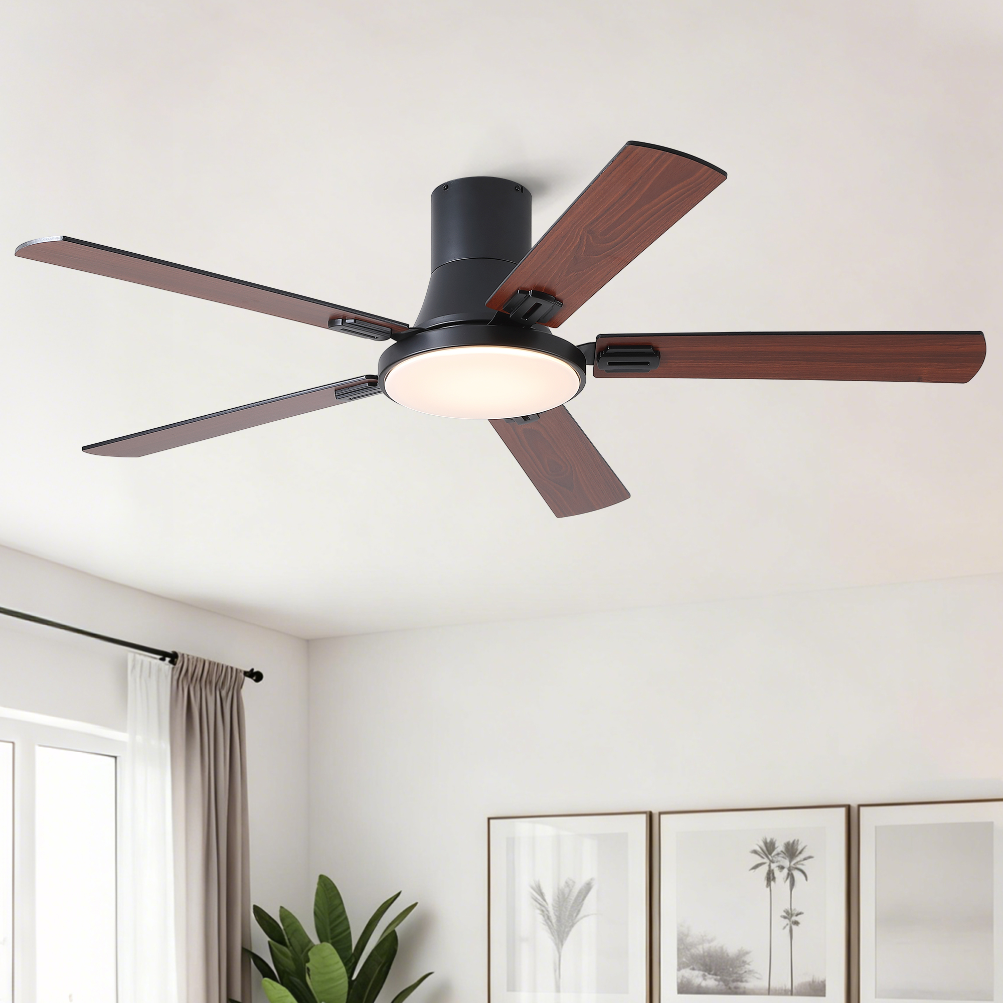 52 inch Mordern Minimalism Black Flush Mount Ceiling Fan with Light and Double-Sized Blades - Image 3
