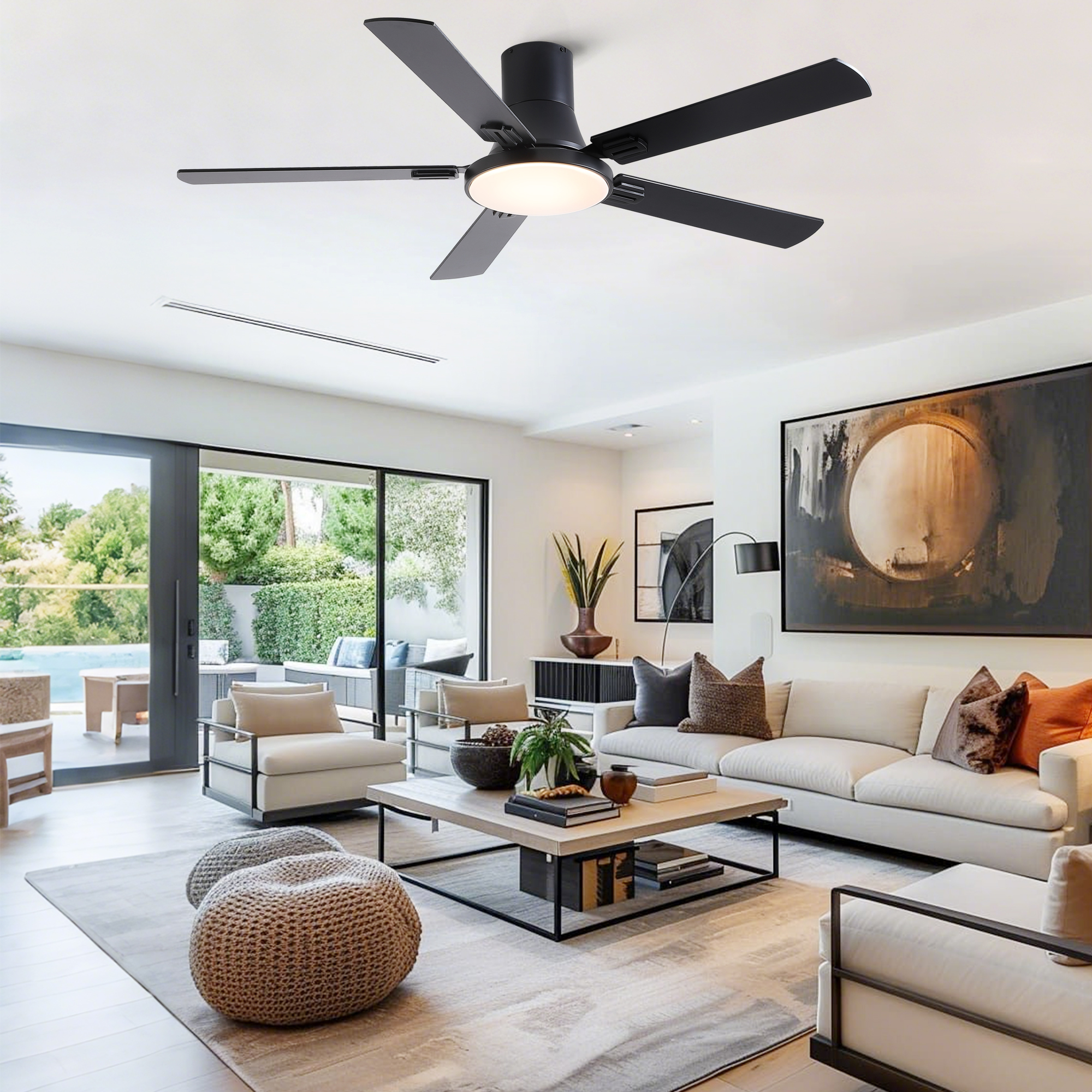 52 inch Mordern Minimalism Black Flush Mount Ceiling Fan with Light and Double-Sized Blades - Image 4