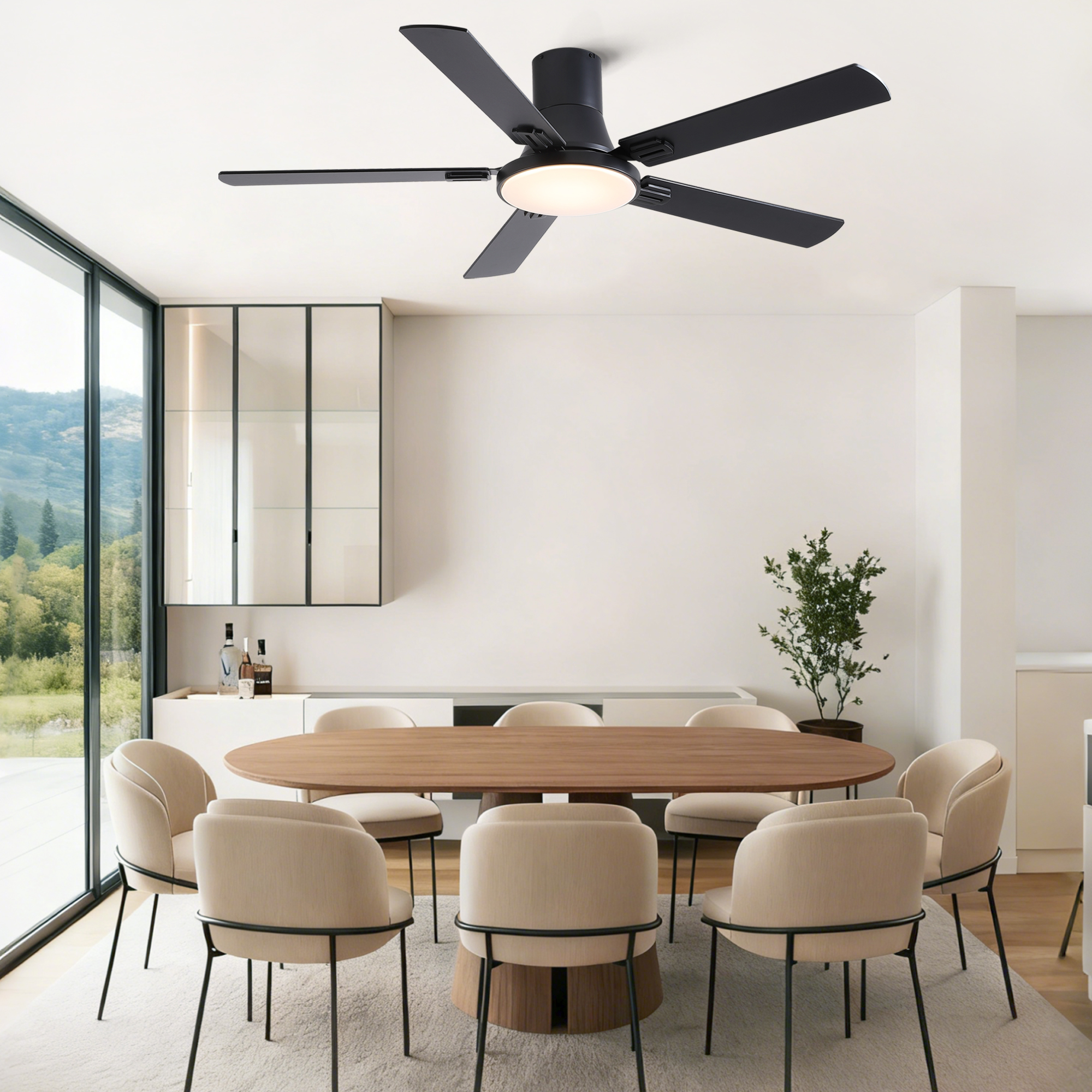 52 inch Mordern Minimalism Black Flush Mount Ceiling Fan with Light and Double-Sized Blades - Image 5