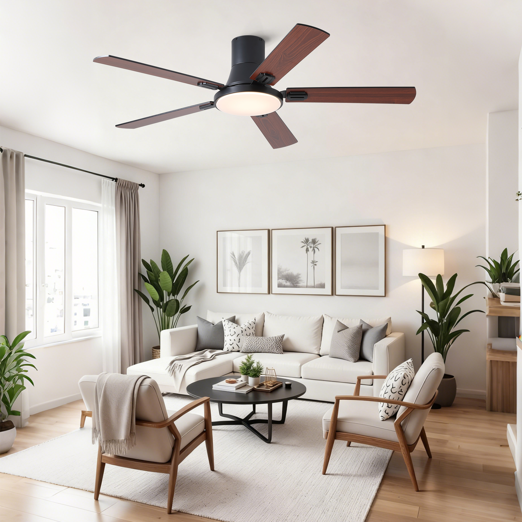 52 inch Mordern Minimalism Black Flush Mount Ceiling Fan with Light and Double-Sized Blades - Image 6